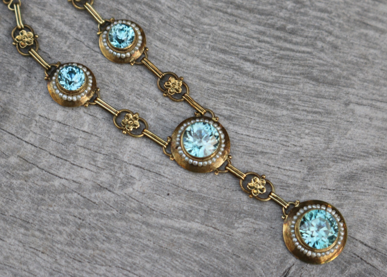 Antique Edwardian 14K Gold Round Vivid Blue Zircons with Seed Pearls Necklace