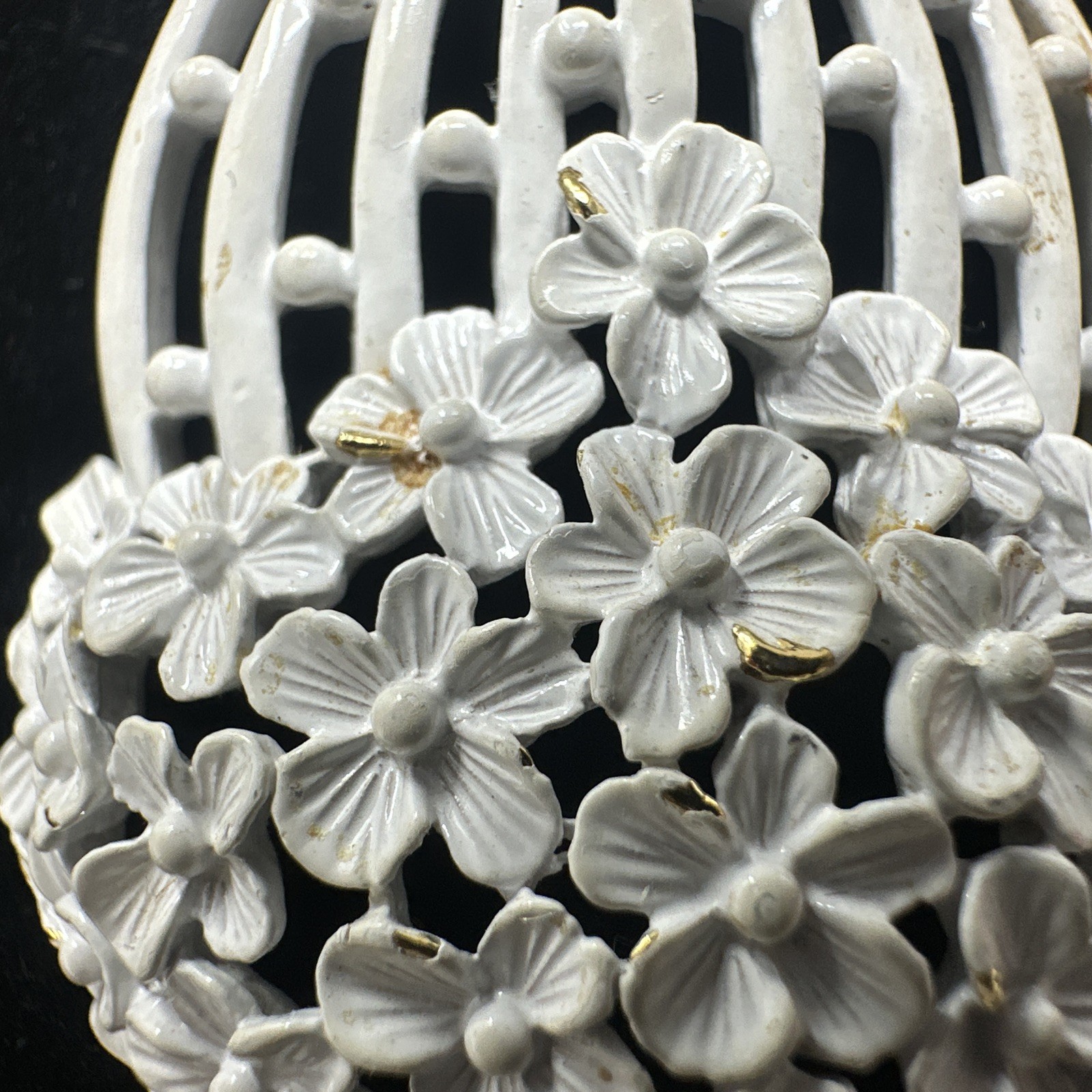 Vintage MONET white Enamel basket of flowers pendant, 26” Long Chain MCM