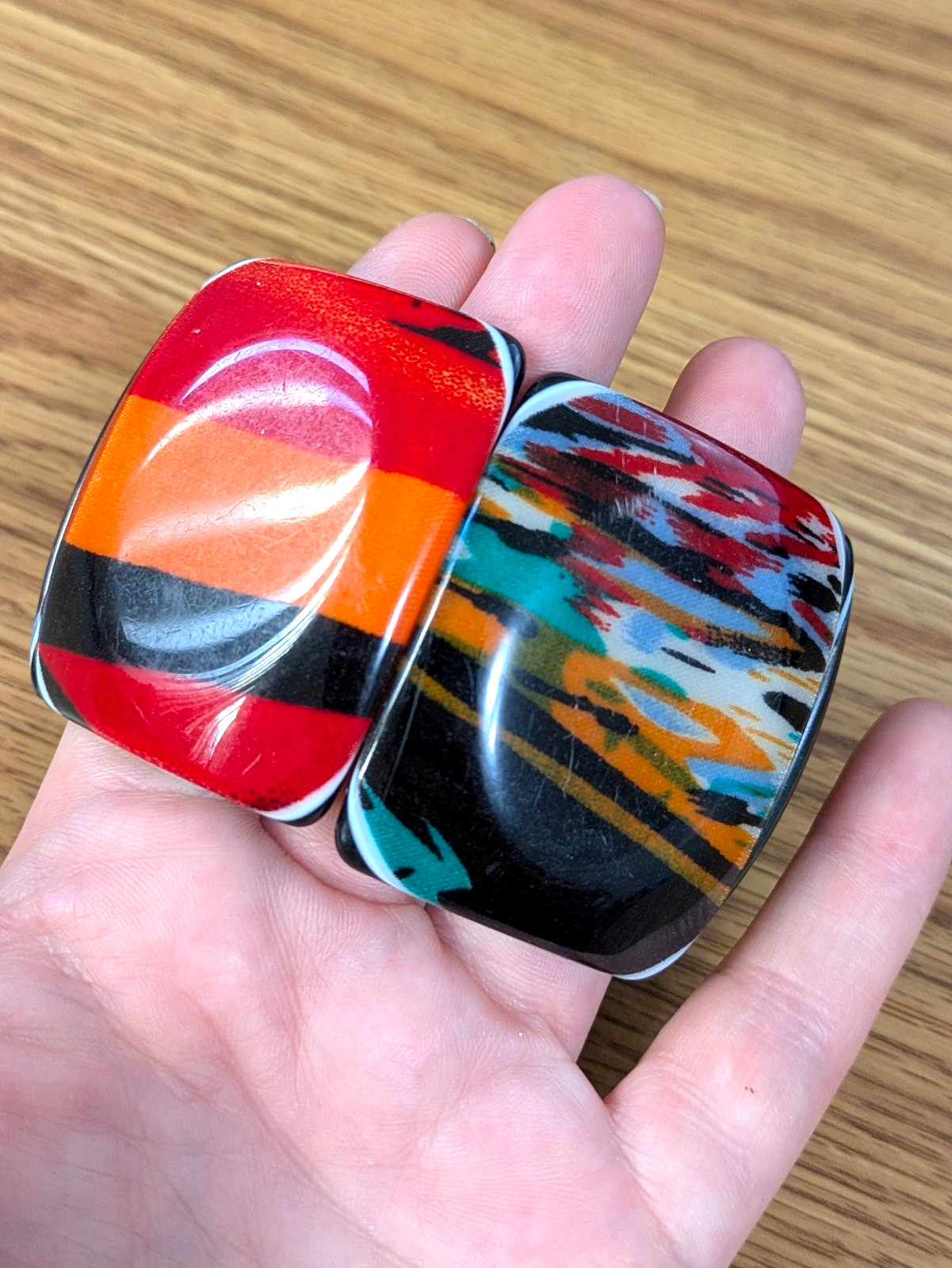 Vintage Lucite Panel Bracelet Red Orange Blue Green Pop Art Resin Acrylic