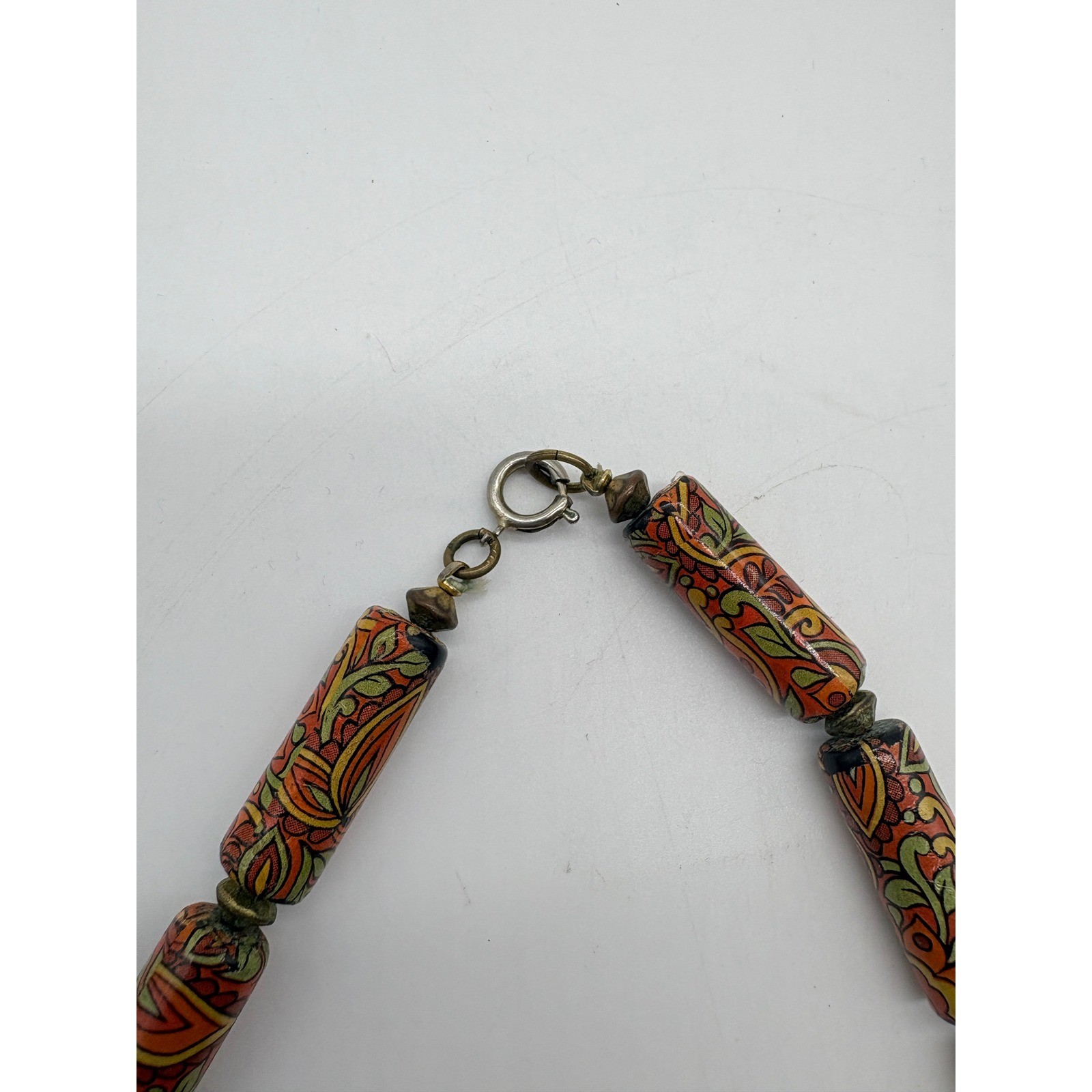 Faceted & Fancy Beads West African Floral Bead Necklace Orange Vintage 17in