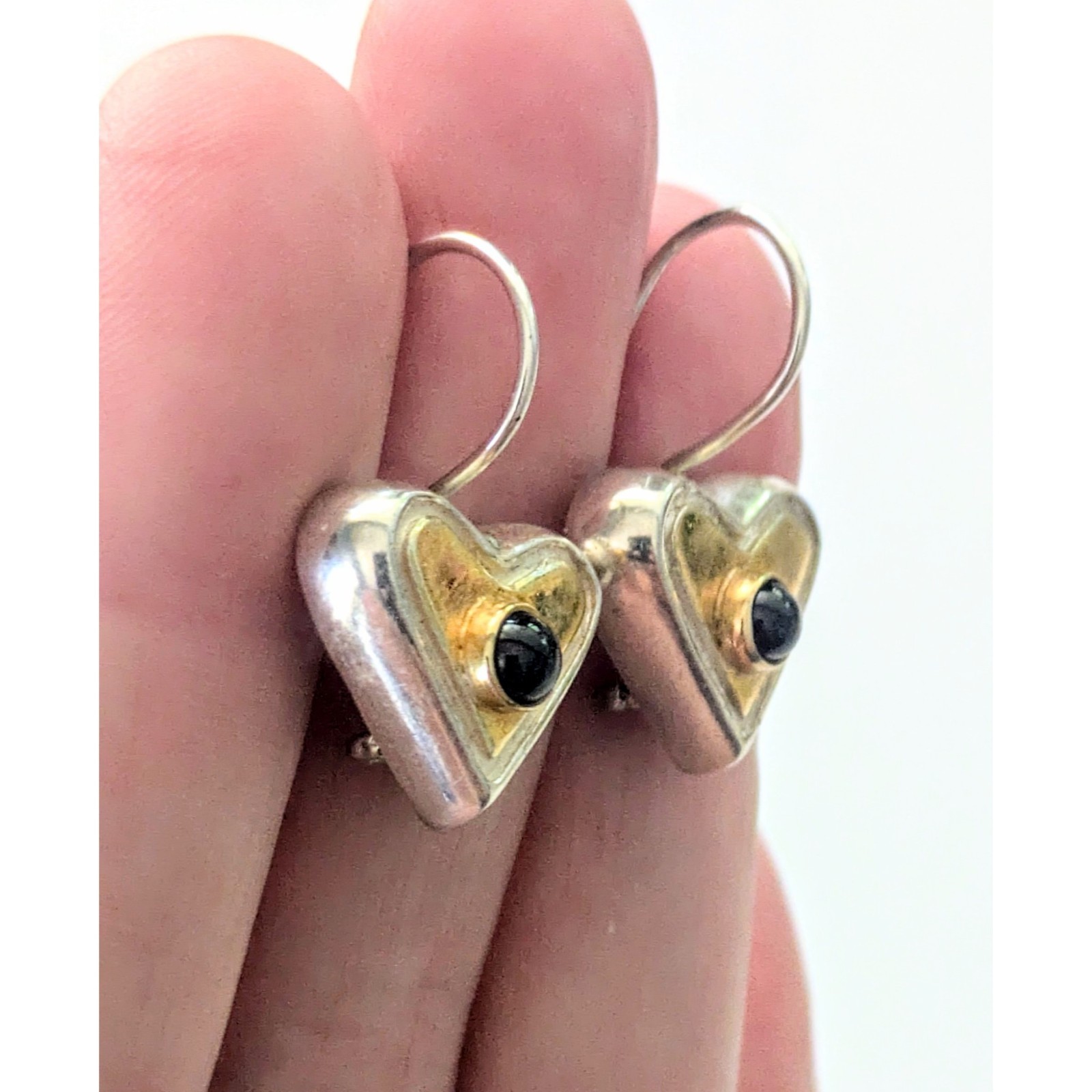 Vintage Sterling Silver Garnet Cabachon 2 Tone Heart Hook Back Earrings