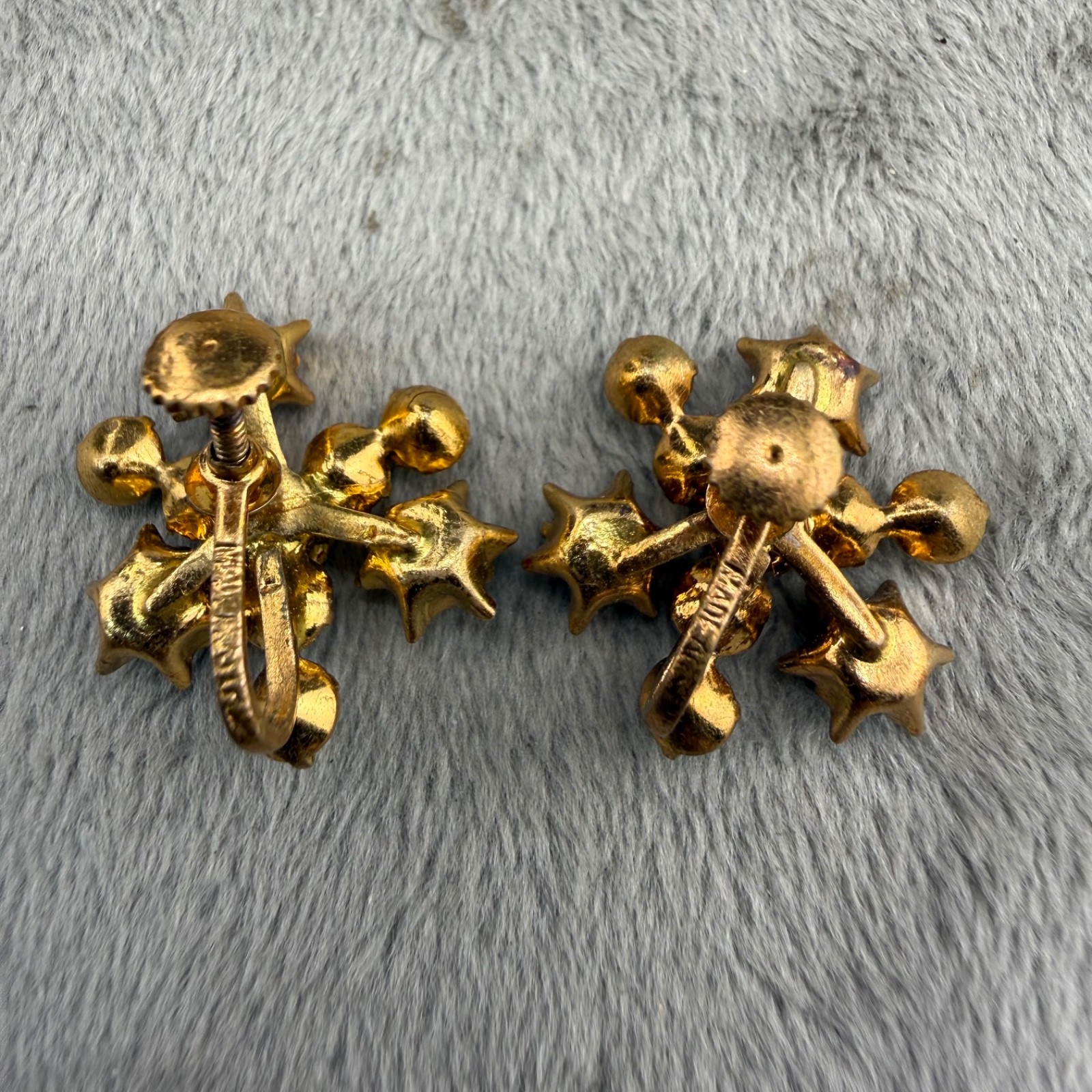 Vintage Czech Rhinestone Screw Back Earrings Green AB Gold Tone