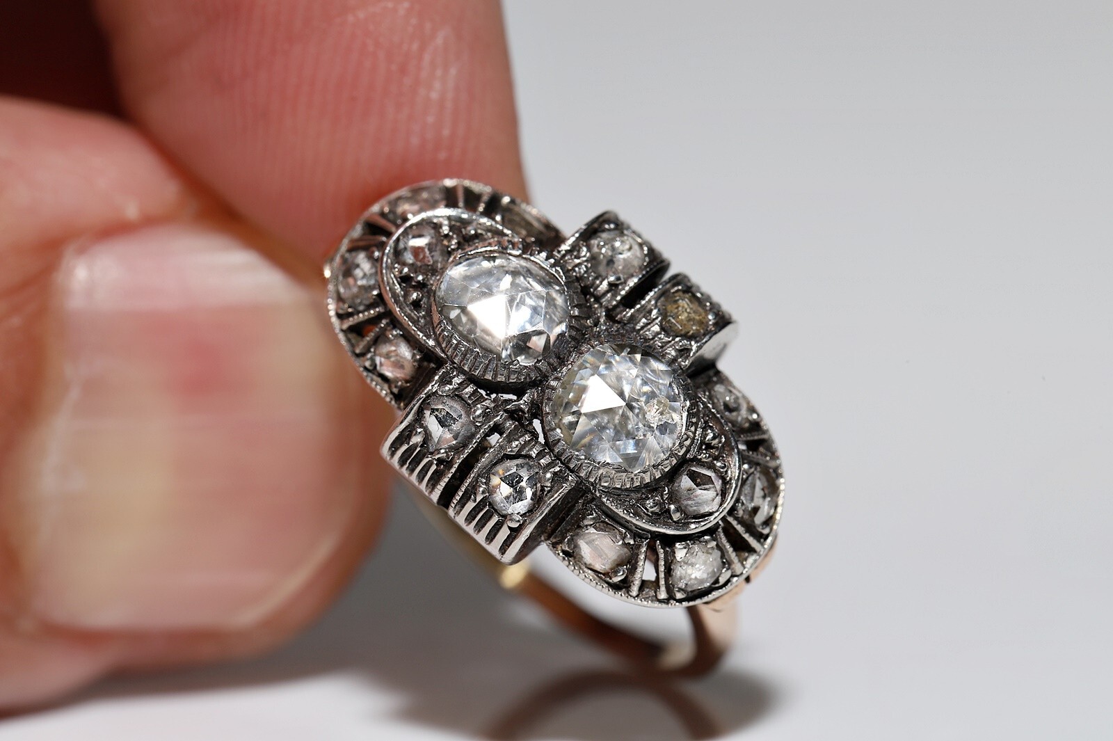 Antique Circa 1900s 14k Gold Top Silver Natural Rose Cut Diamond Decorated Ring