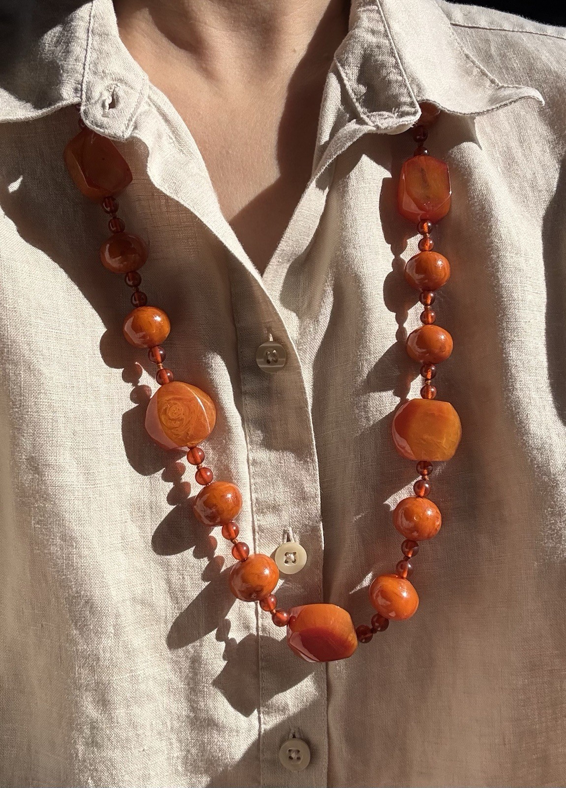 Vintage 100g Cherry Orange Catalin Bakelite Art Deco Mixed Bead Necklace 31”