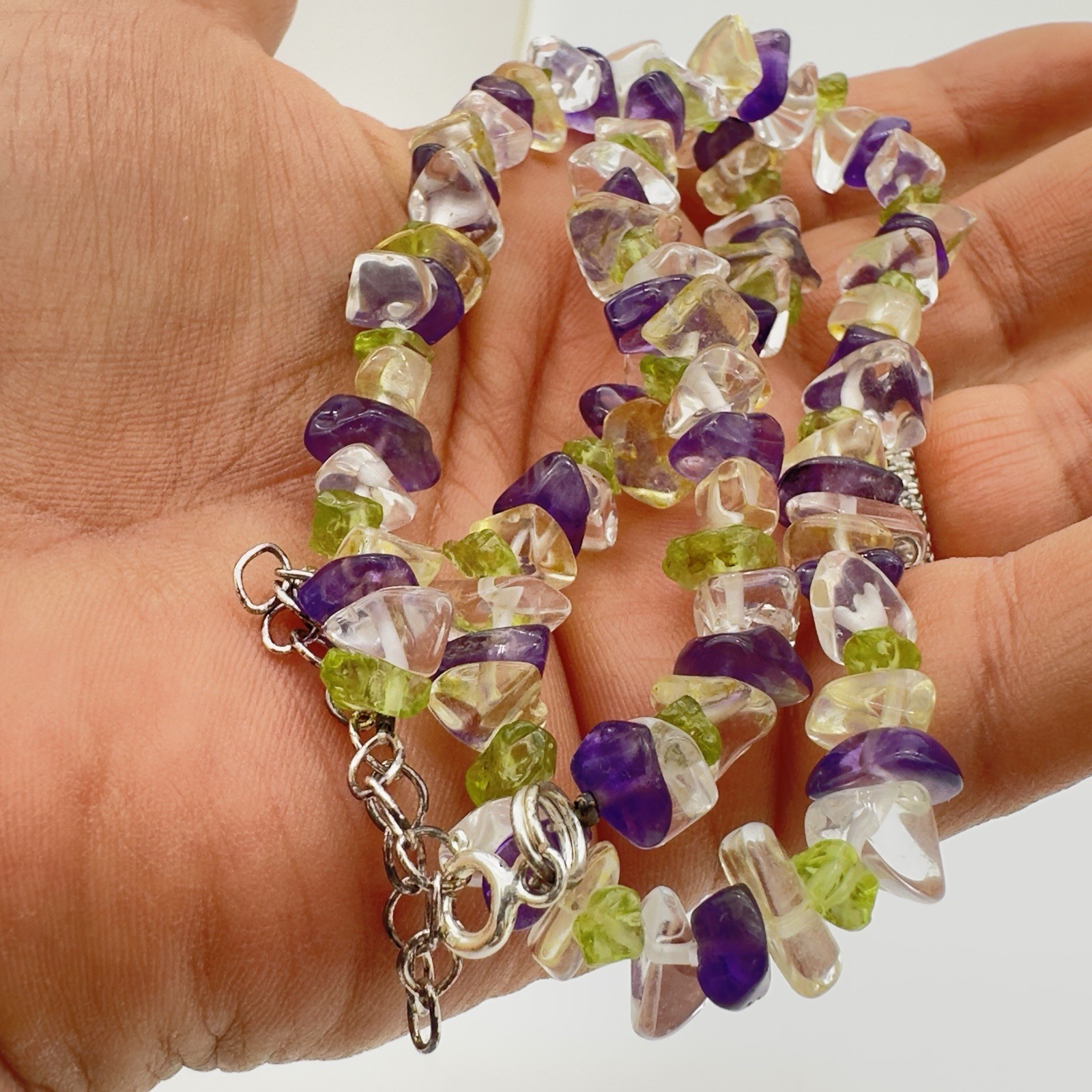 Vtg Multi Gemstone Sterling 925 Necklace Amethyst Peridot Quartz Estate