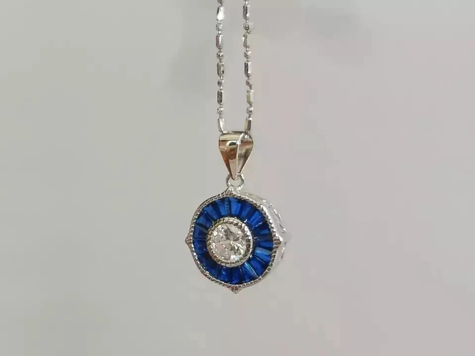 Art Deco Style Lab Created Diamond & Sapphire 14K White Gold FN Wedding Pendant