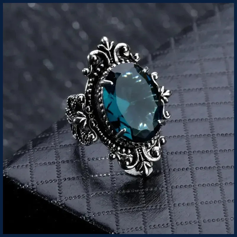 Carved Pattern Vintage Women Rings with Oval Blue CZ Stone Retro.