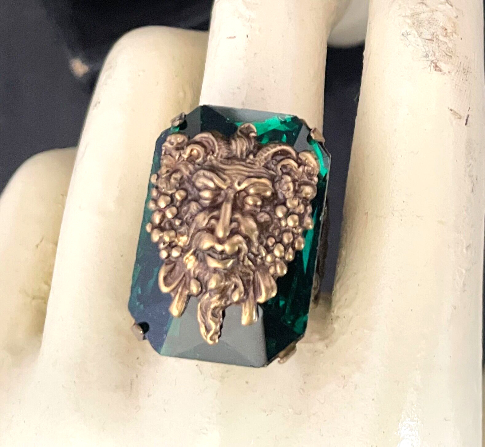 Art Nouveau Ring Green Man Centerpiece Tall Rhinestone Filigree Base