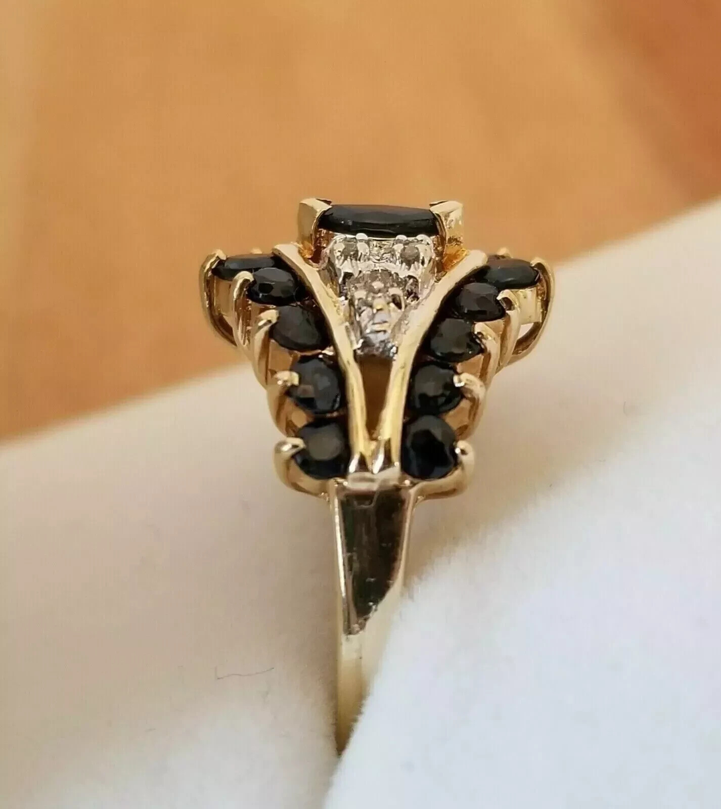Art Deco Style Marquise Sapphire & Lab Created Diamond 14K Yellow Gold FN Ring