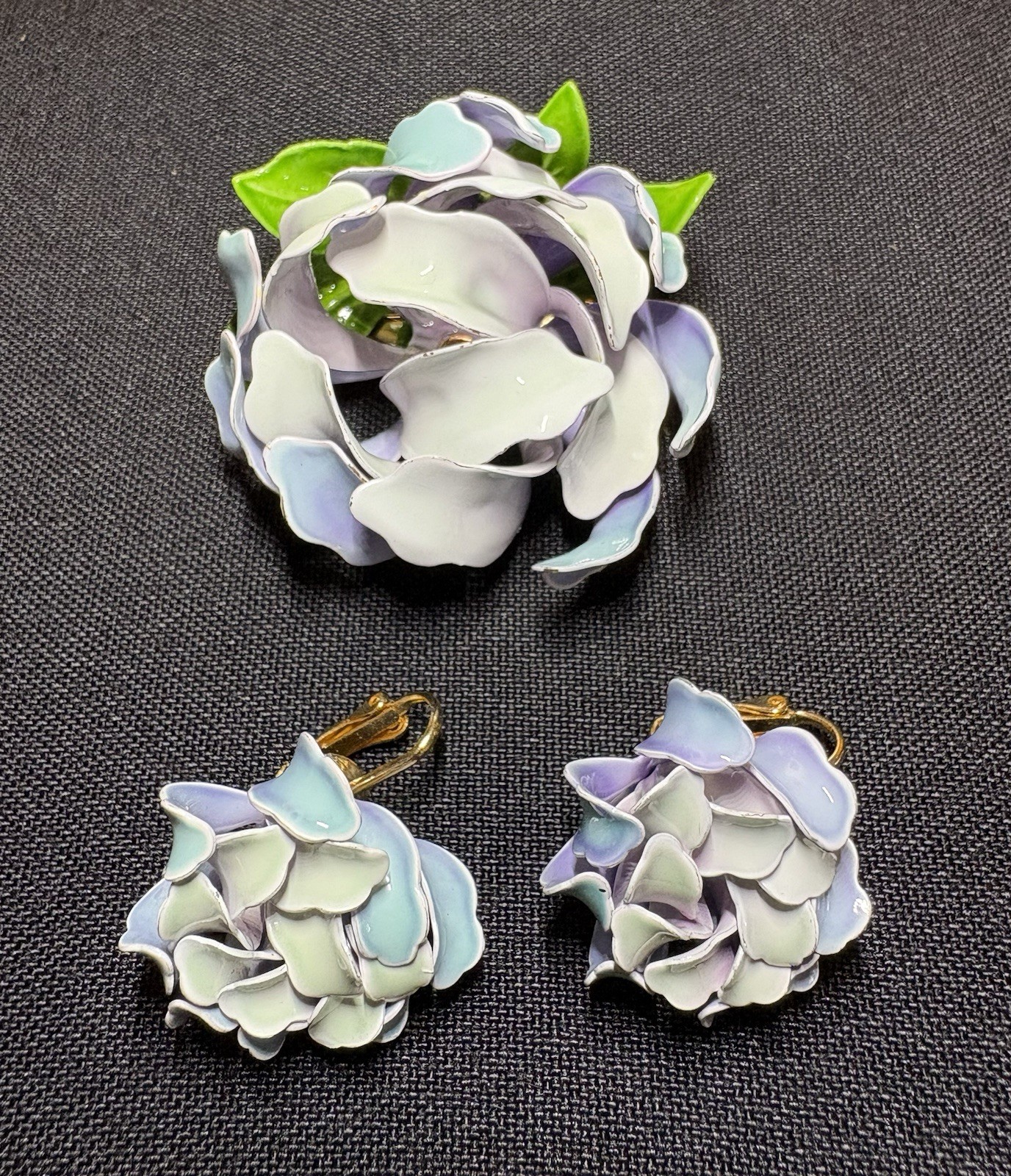 Enamel Floral Brooch With Matching Clip-on Earrings Set Vintage Lavender
