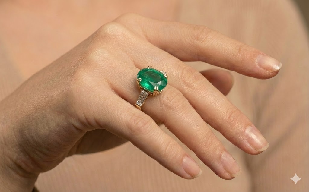 Vintage 14k Yellow Gold Engagement Ring 9.42CT.Natural Green Emerald Oval Shape