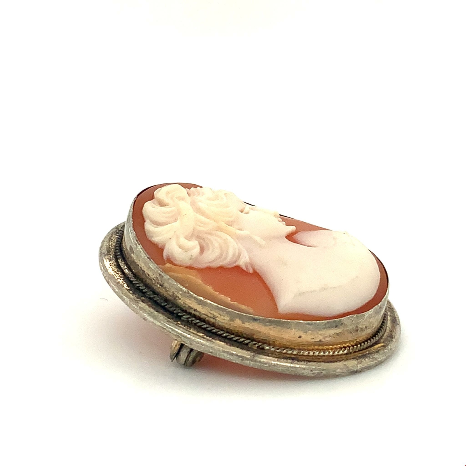 Antique Signed 800 Victorian Carved Shell Female Lady Oval Cameo Brooch Pin