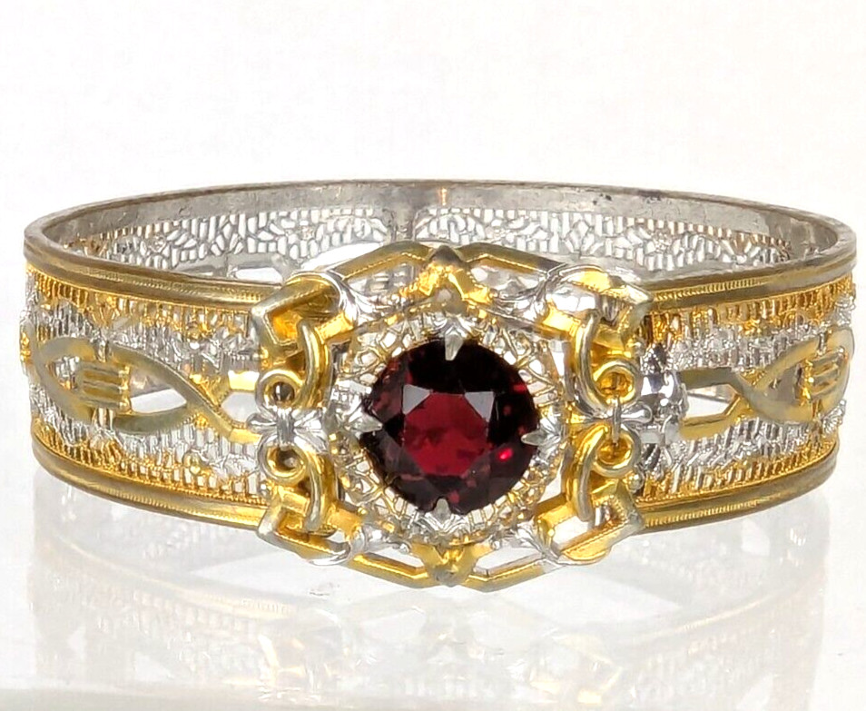 Vtg Art Deco Rhodium and Gold Filigree Hinged Bracelet Red Czech Stone JJ White