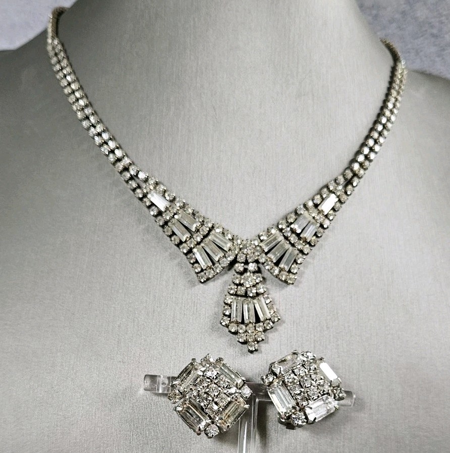 Vintage Art Deco Rhinestone Necklace Earrings Set Clear Baguette Pave Lot 15″