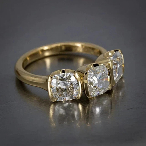 1.50 Ct Cushion Cut Lab-Created Three Stone Engagement Ring 14K Yellow Gold FN