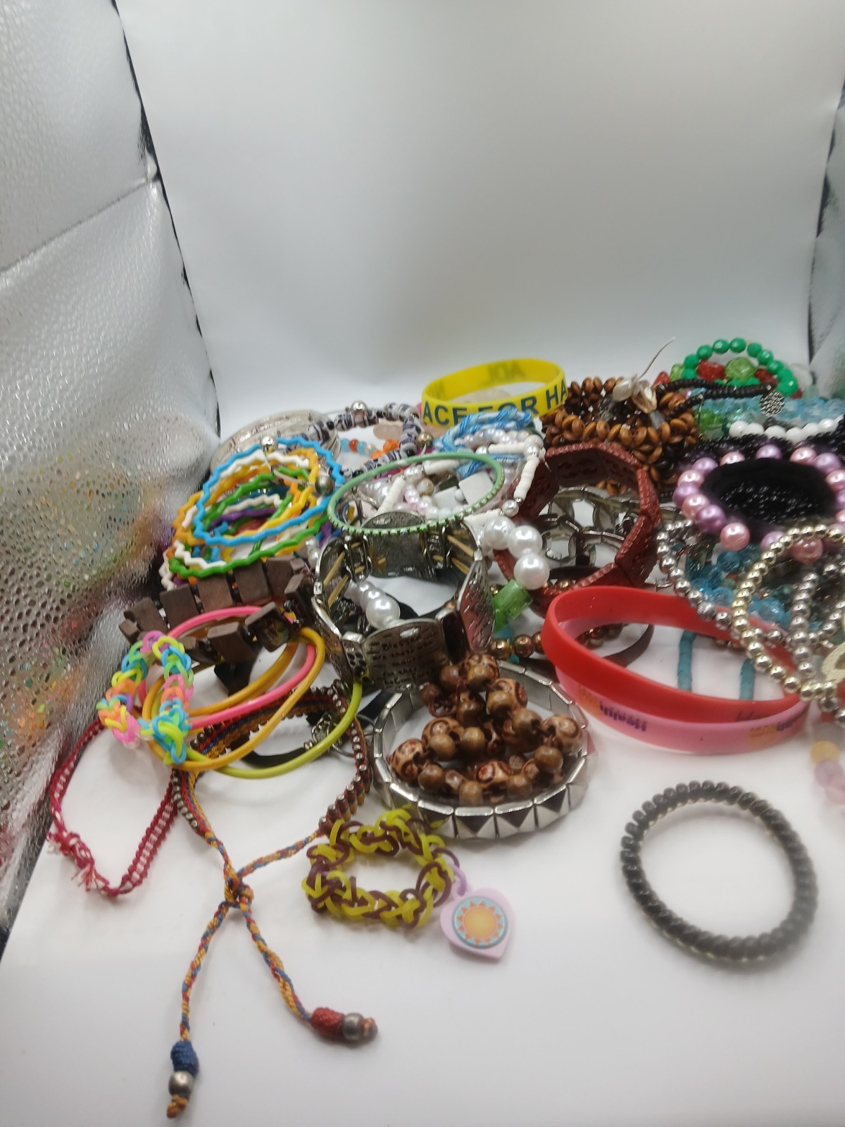 Stretch Bracelet Bulk Lot Rubber Silver Toned Colorful Assorted Jewelry Wearable