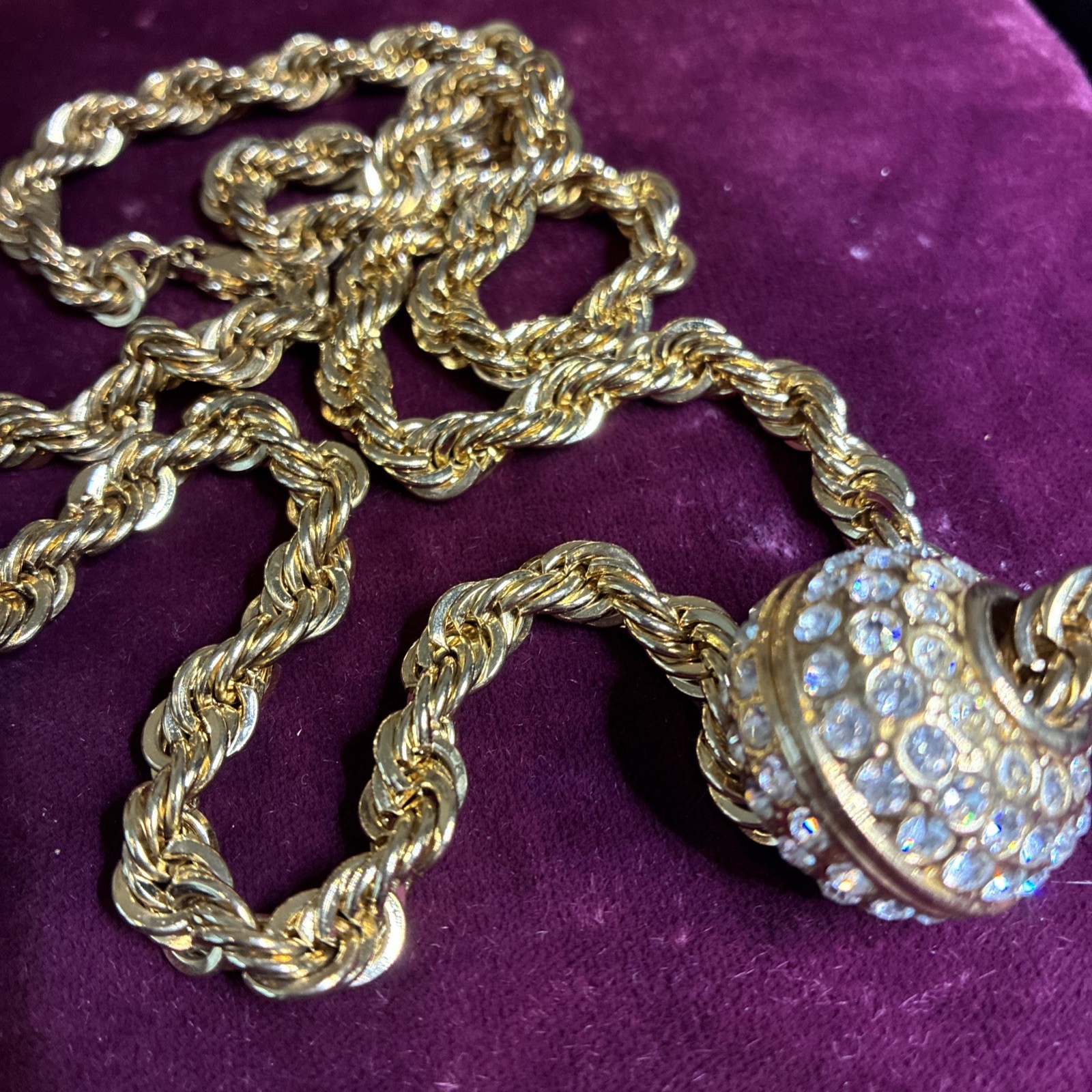 VTG Heavy 14K Gold Plated Rope Chain Crystal Pave Slide Ball Enhancer Necklace