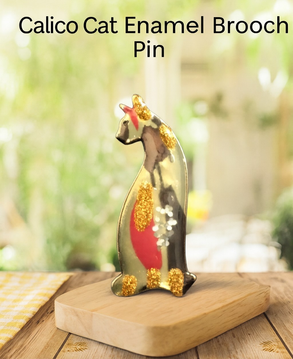 Vintage Enamel Cat Brooch Pin Multicolor with Gold Accents Retro Animal Jewelry
