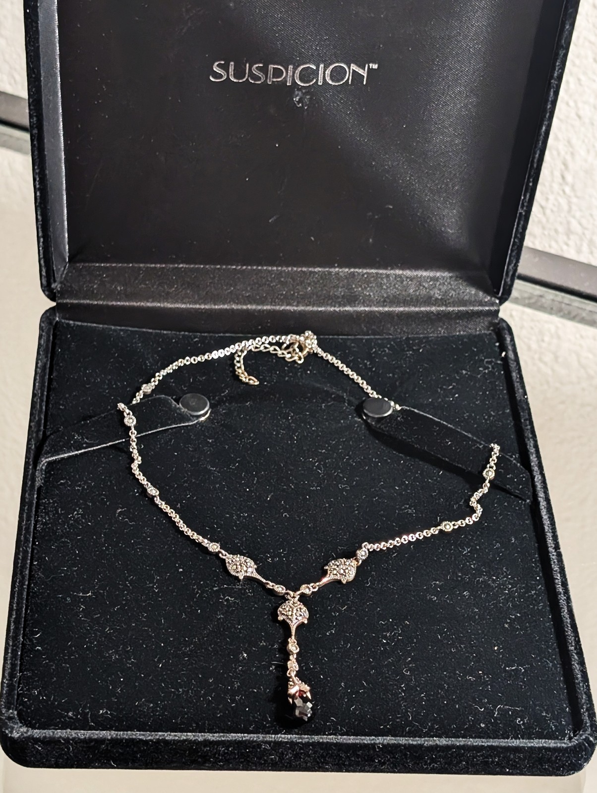 Vintage Unused W/Box Sterling Silver Garnet & Marcasite Station “Y” Necklace