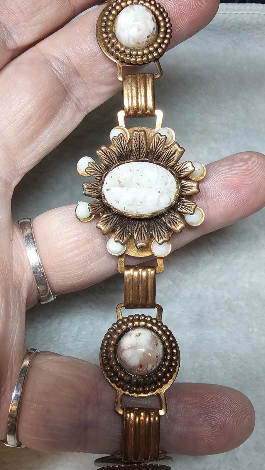 1940s Czech Glass Bracelet White Opaline Confetti Foil Brass