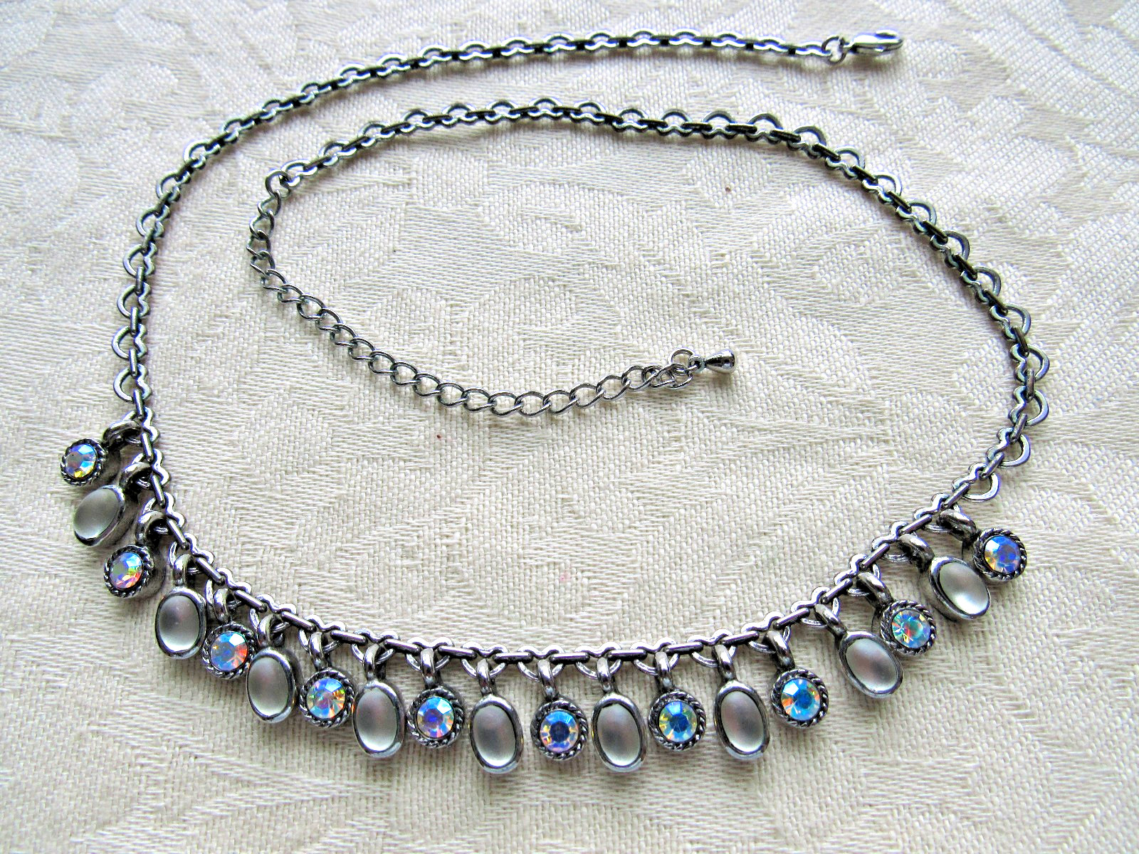Vintage Necklace Unusual Heart Link Chain AB Rhinestones Glass Moonstone Dangles