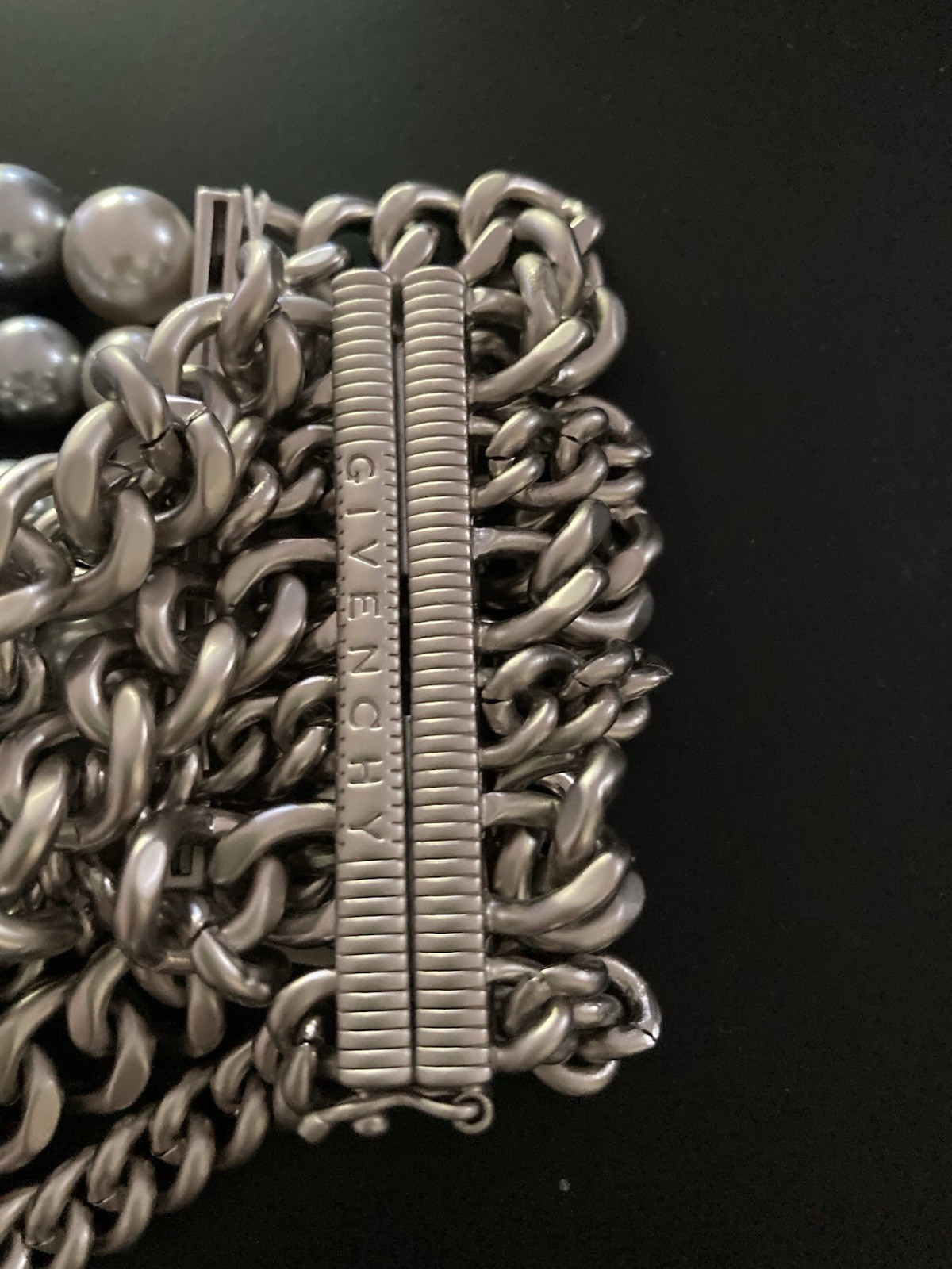 NWT VINTAGE Givenchy Gray Pearl Chain Crystal Necklace Wide Magnetic Bracelet