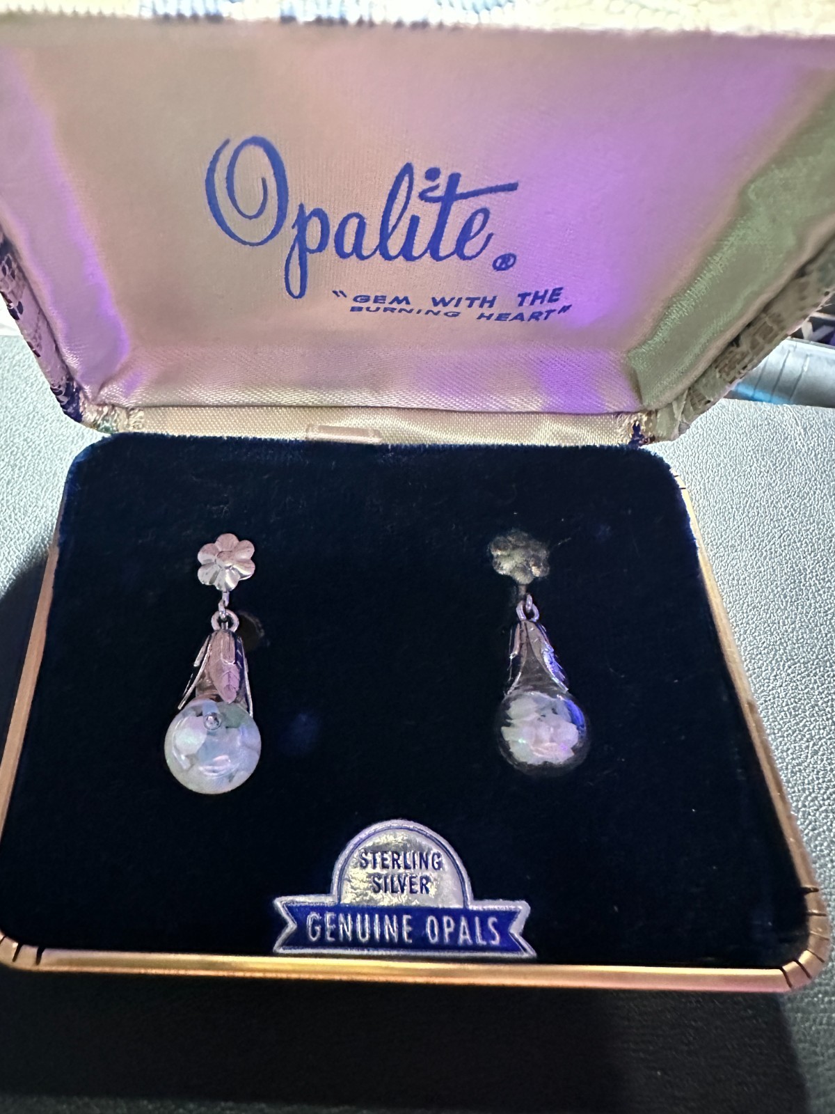 Vintage Opalite Floating Opal Sterling Silver Flower Leaf Earrings