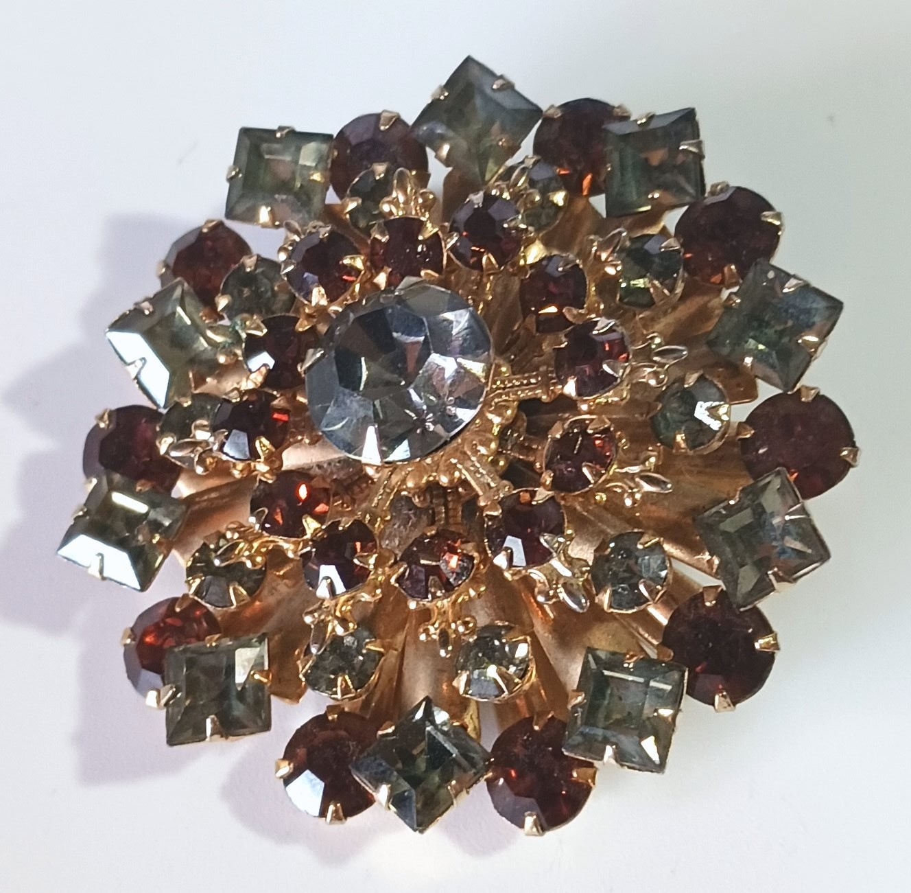 Vintage Gold-tone Layered Brooch w/ Smoky Topaz- & Gray-Green Colored Rhinestone