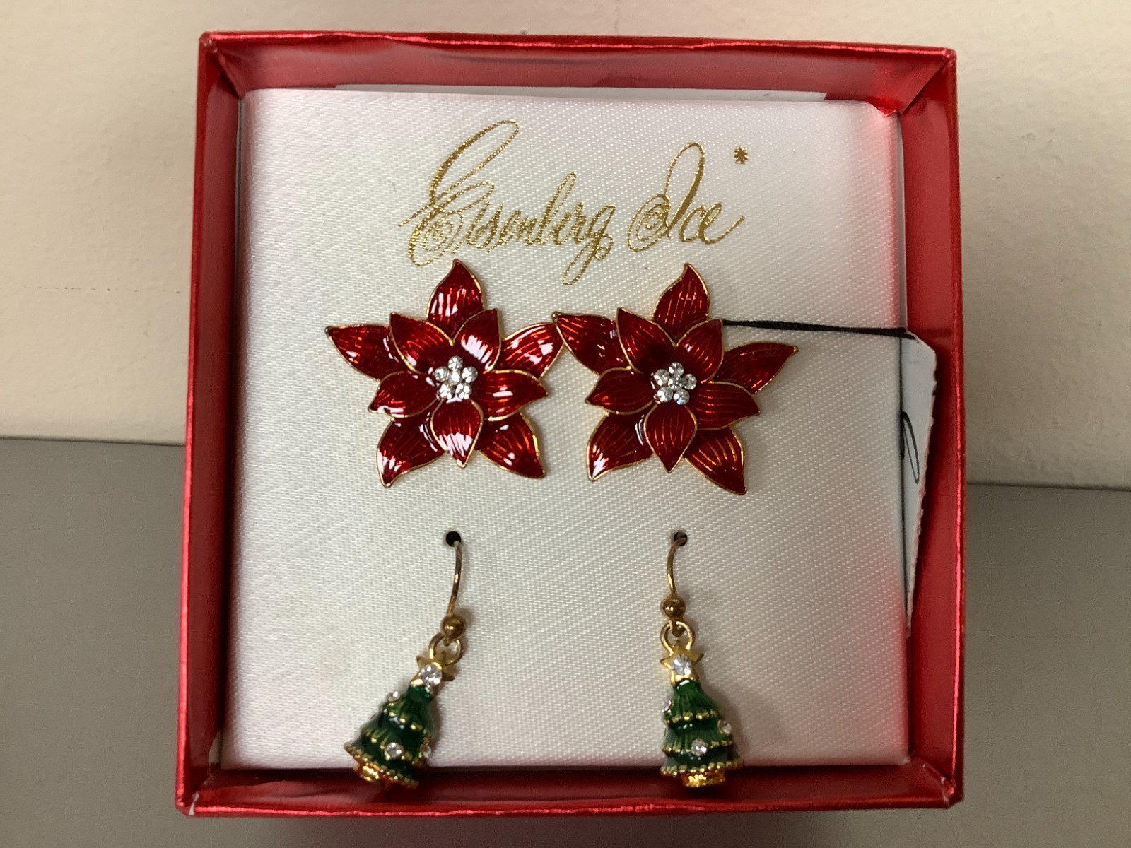 Vtg Poinsettia Red Enamel & Green Bell pierced Earrings-signed-Eisenberg Ice-New