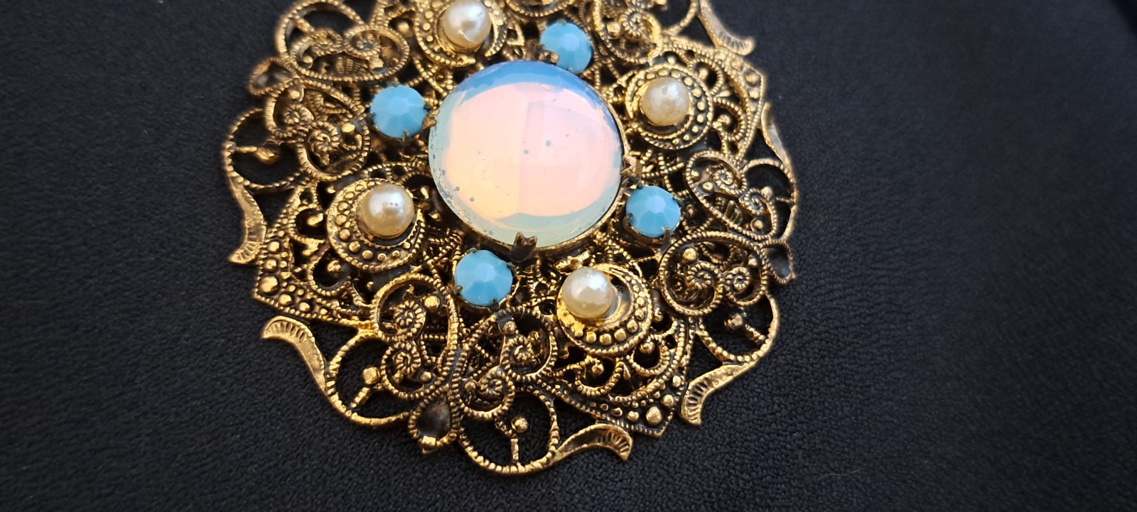 Vintage W. Germany? Gold Filigree Opaline Cabochon & Accented Pendant Necklace