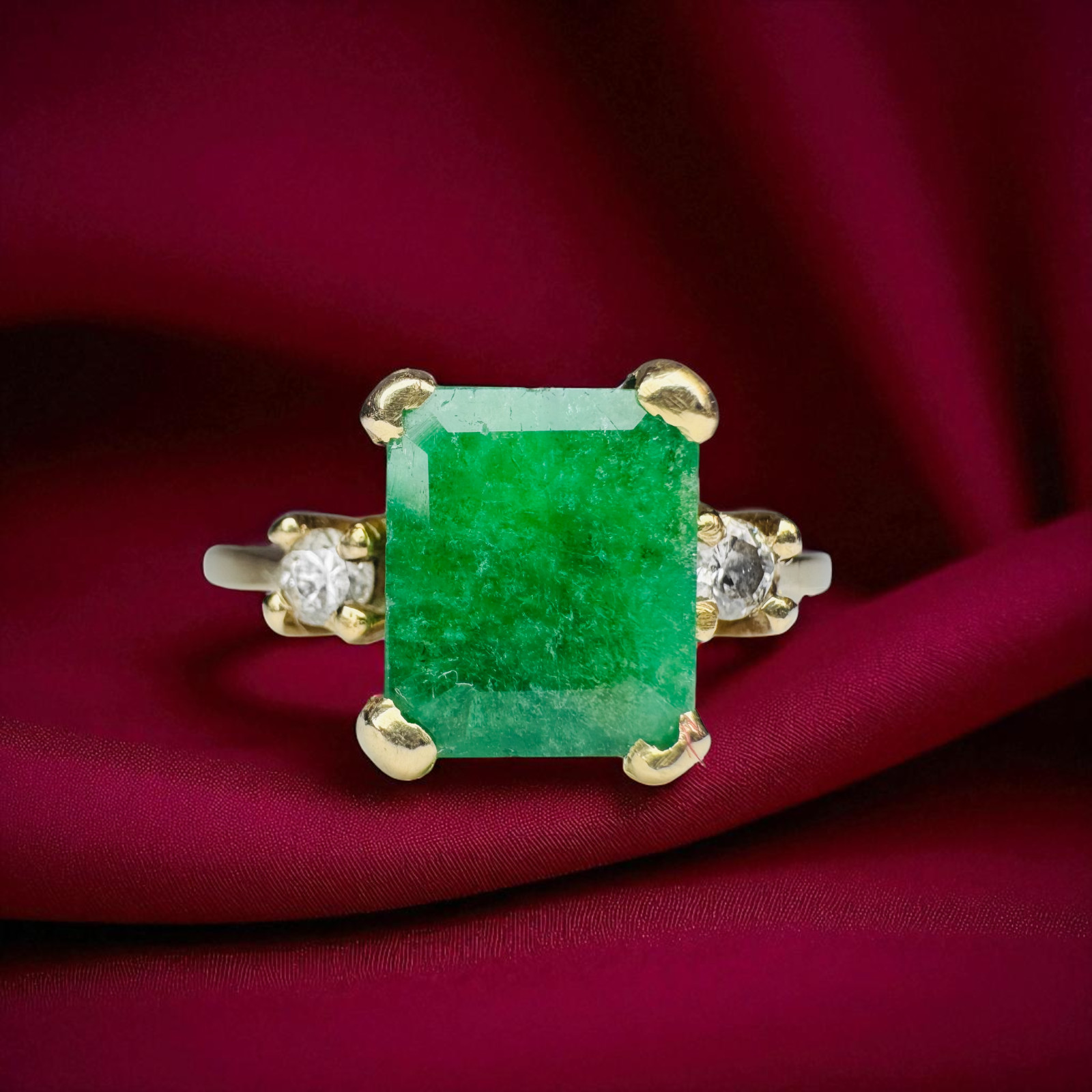 VINTAGE 14K Gold Natural Zambian Emerald & Diamond Ring 1.1CT Emerald Size 7