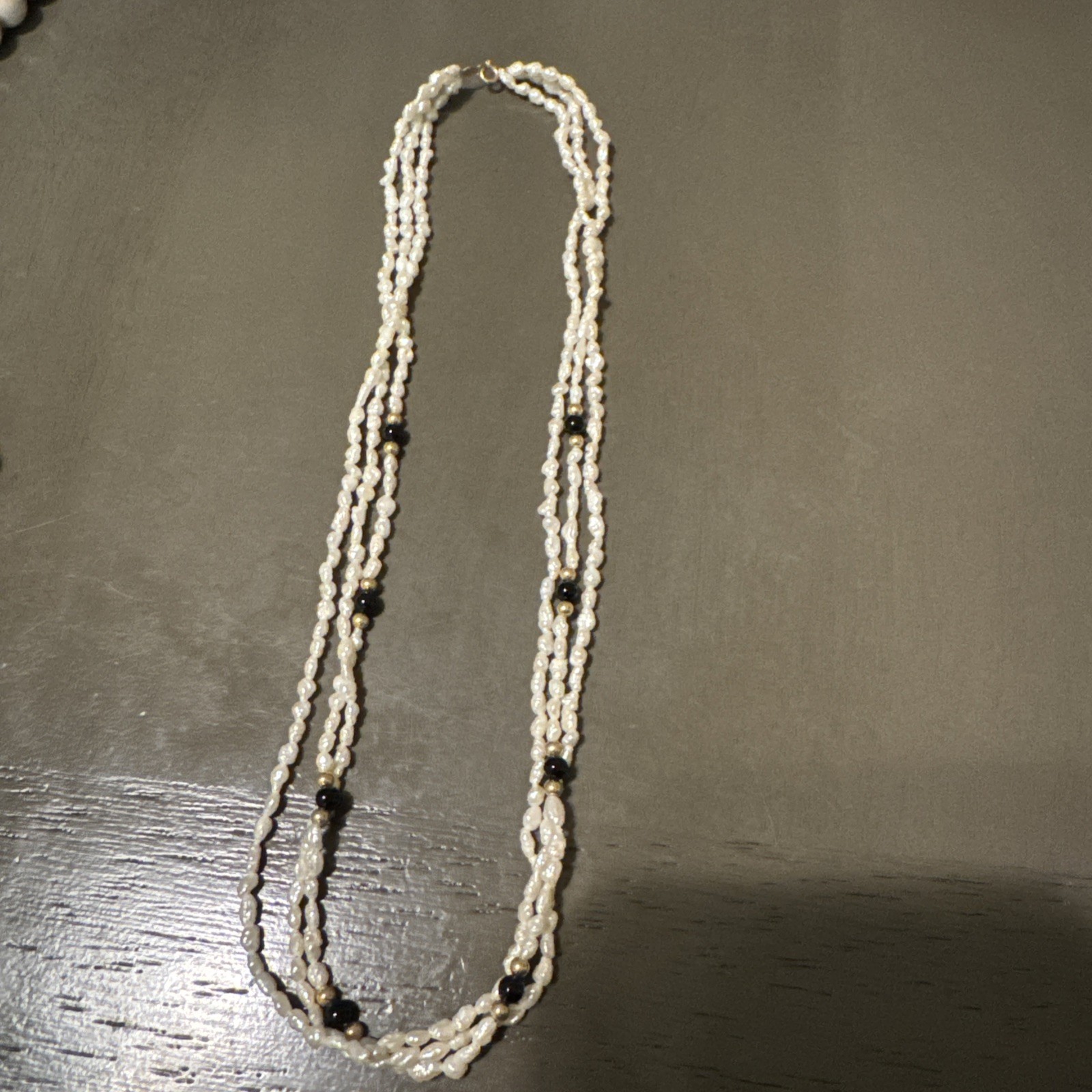 Vintage Triple Strand Rice Seed Pearl & Black Onyx 17” Necklace