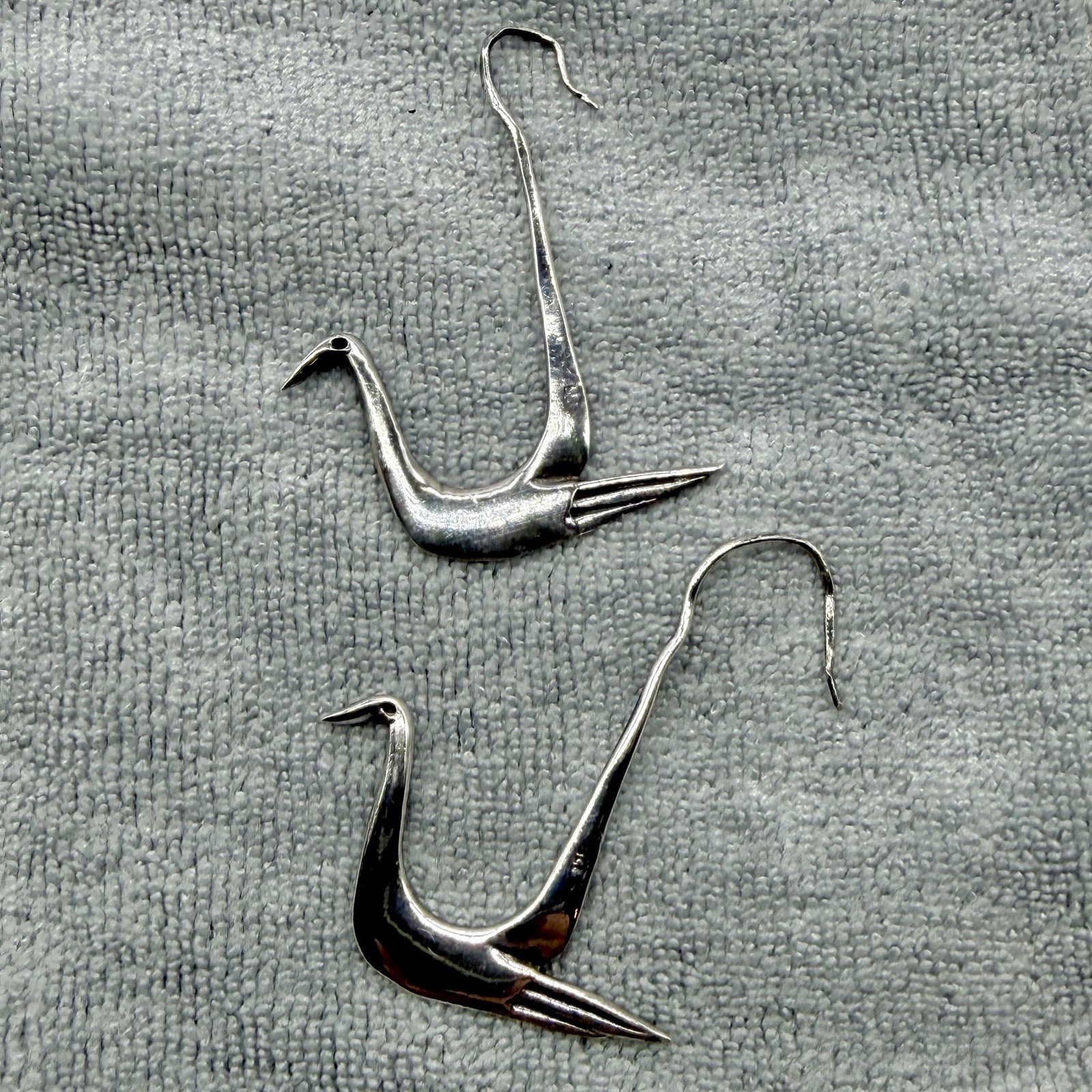 Vintage Estate Sterling Silver Elongated Swan Earrings Hook Thin Sleek Abstract