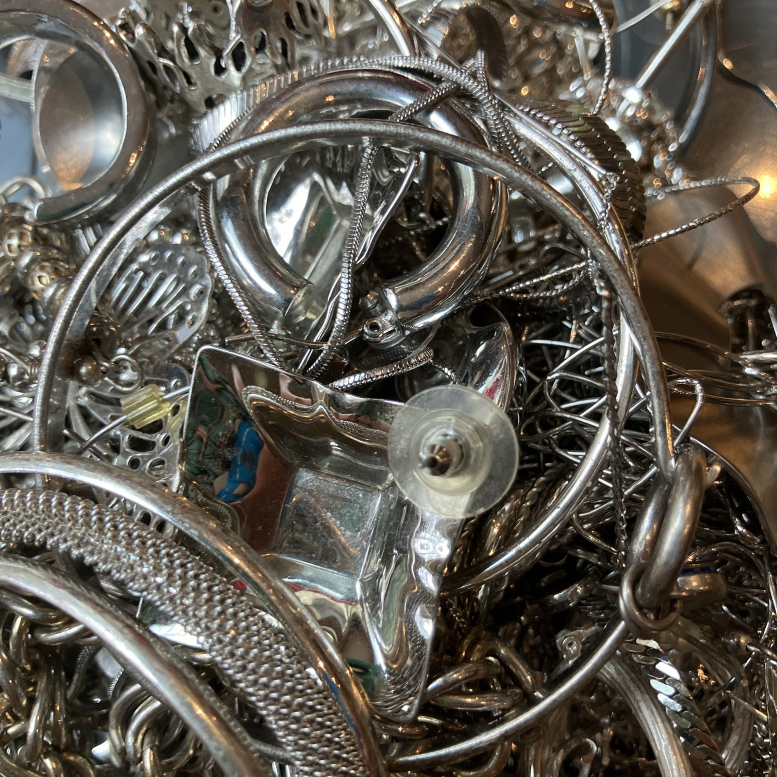 ⚜️ 2 LB Tangled Jewelry Treasure Lot Silver Tone Chains | Unsearched
