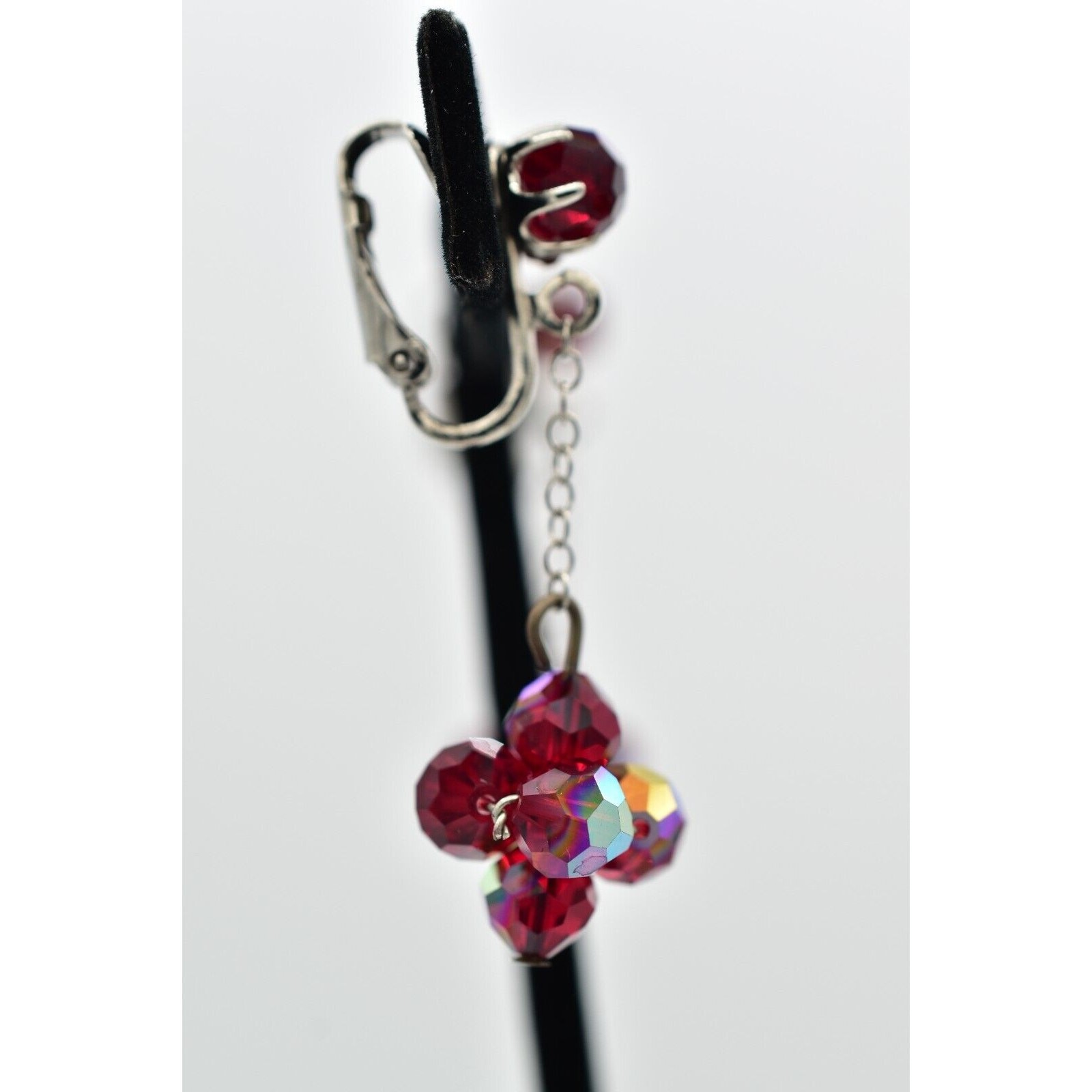 Vintage Red AB Crystal Clip On Earrings Dangle Drop Aurora Borealis 1950s A24