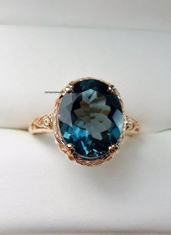 Edwardian Vintage 2.50Ct London Blue Topaz Solitaire Ring 14K Rose Gold Plated