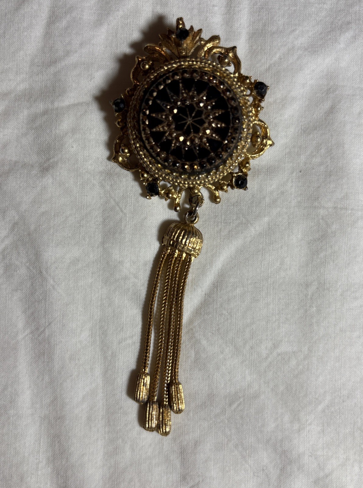 Vintage Art Deco Gold Tone Black Rhinestone Tassel Mourning Brooch Signed LJM