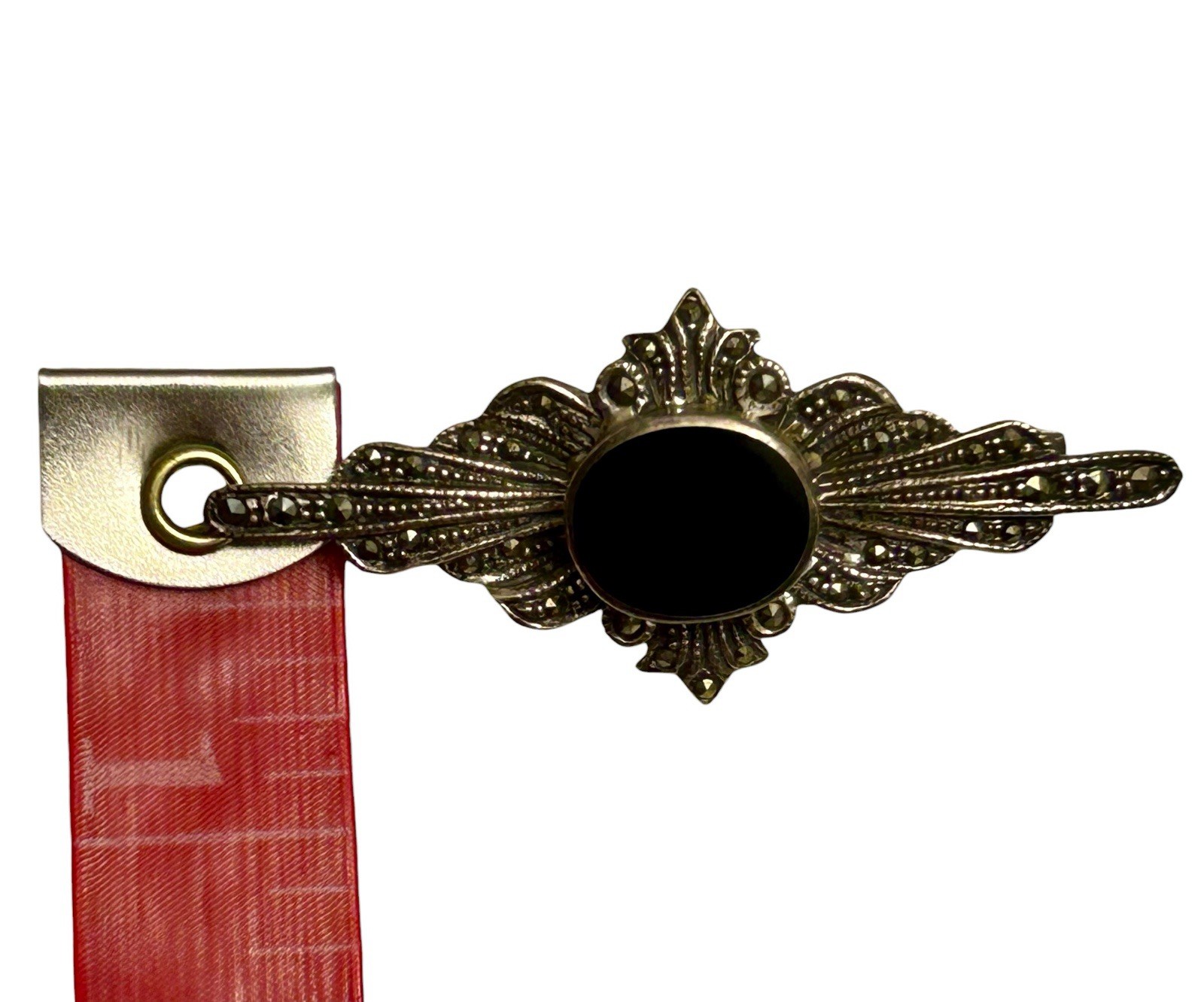 Vintage Sterling Silver Brooch Black Onyx Marcasite 925 Bezel 2″ Art Deco Style