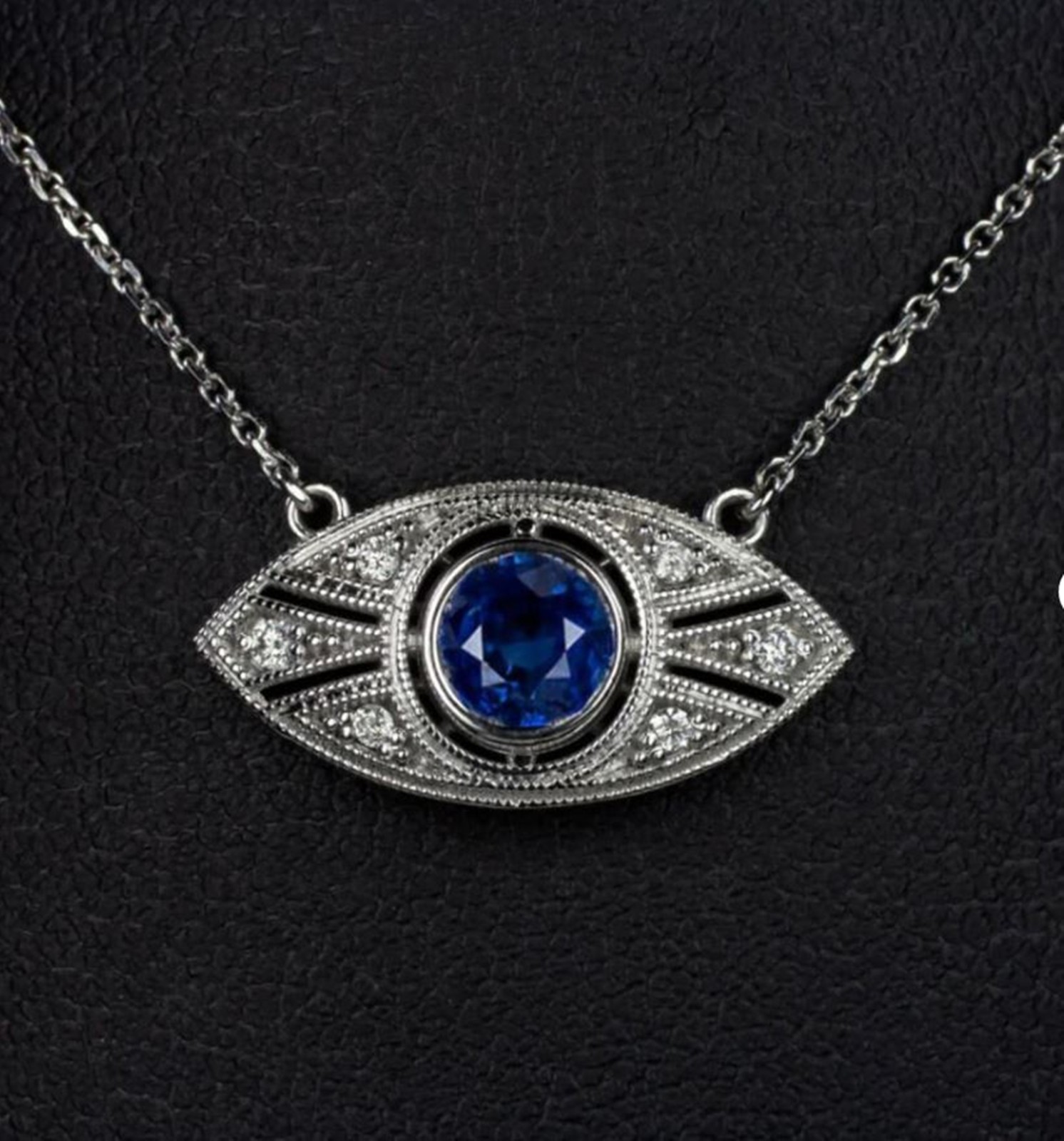 Blue Round CZ Stone 925 Silver Art Deco Bezel Set Eye Shaped Pendant Necklace