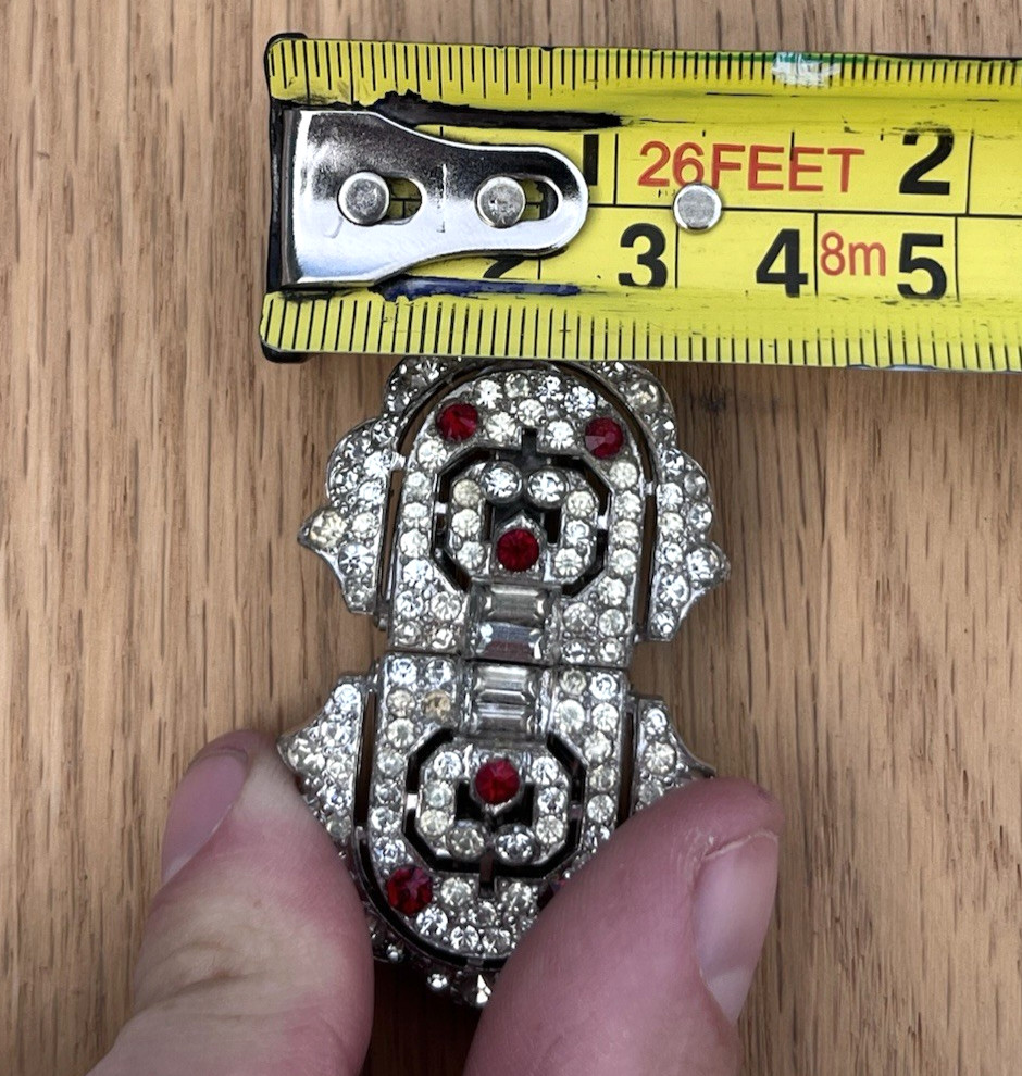 KTF Trifari Red Clear Rhinestone Art Deco Duette Brooch Dress Clip Clip-Mates 2″