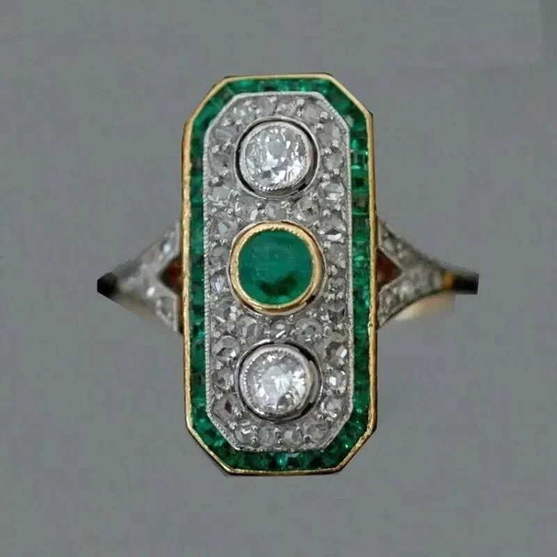 Art Deco Style Lab Created Emerald 3-Stone 14K Gold FN Wedding Anniversary Ring