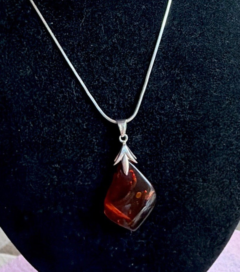 VINTAGE STUNNING GENUINE AMBER AGI STERLING SILVER ITALY NECKLACE BOX CHAIN