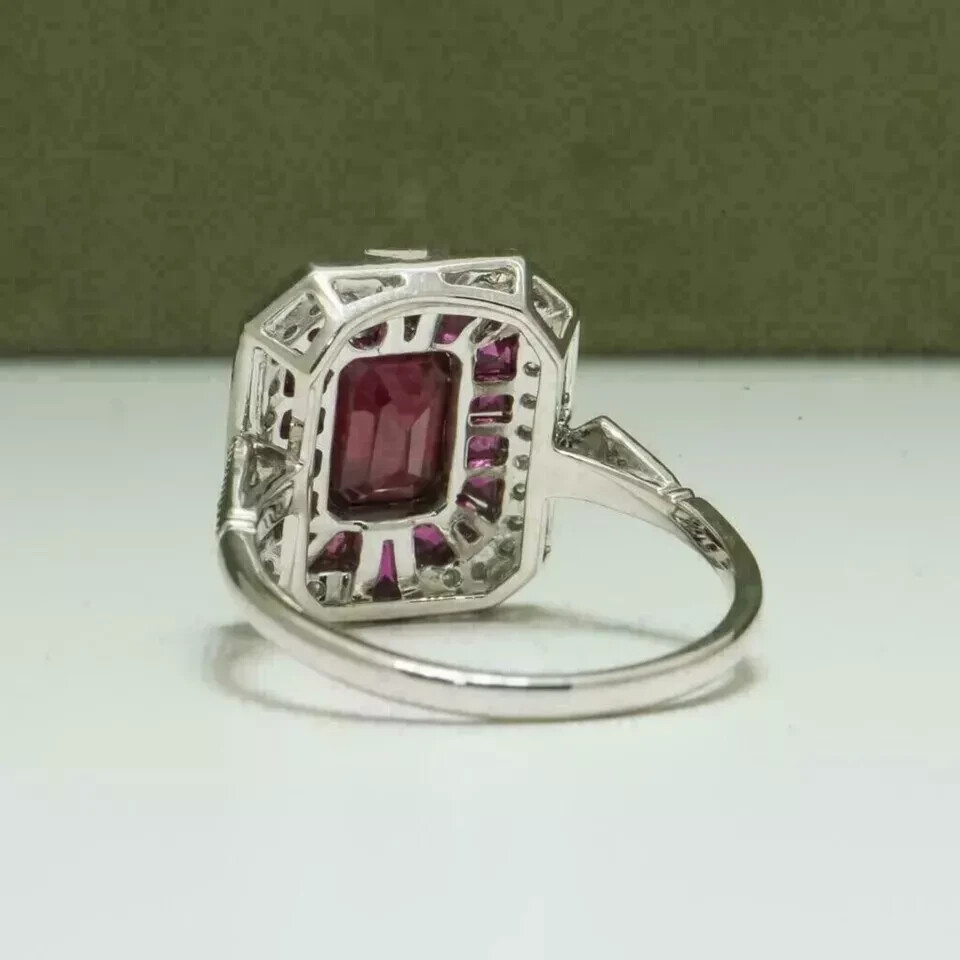 Art Deco Style Ruby & Lab Created Diamond Engagement Ring 14k White Gold Finish
