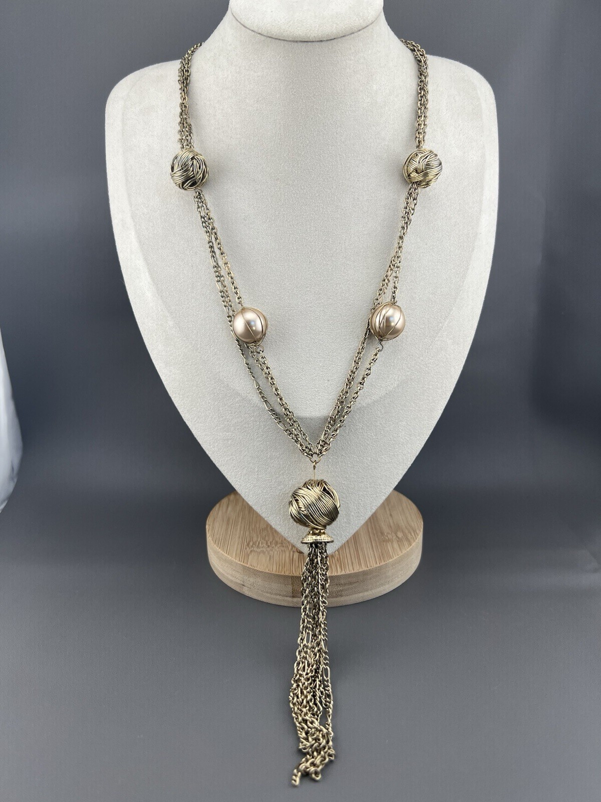 Vintage Tassel Necklace Faux Pearl Beaded Gold Tone Signed Bijoux Terner 21”