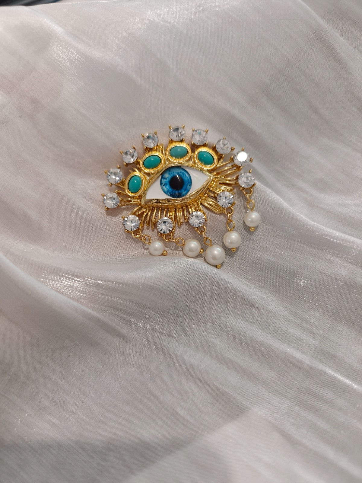 Vintage Schiaparelli Style Evil Eye Brooch Turquoise Crystal Pearl Tassel Gold