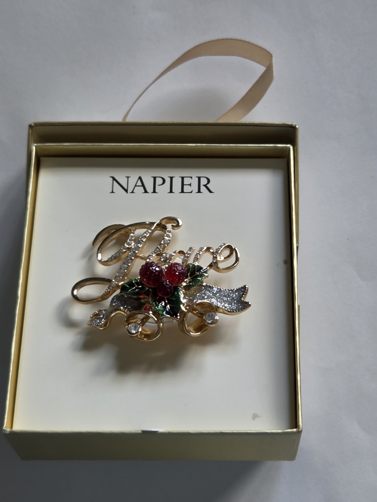 Vtg Napier Crystal ‘Peace’ with Holly Brooch in Box