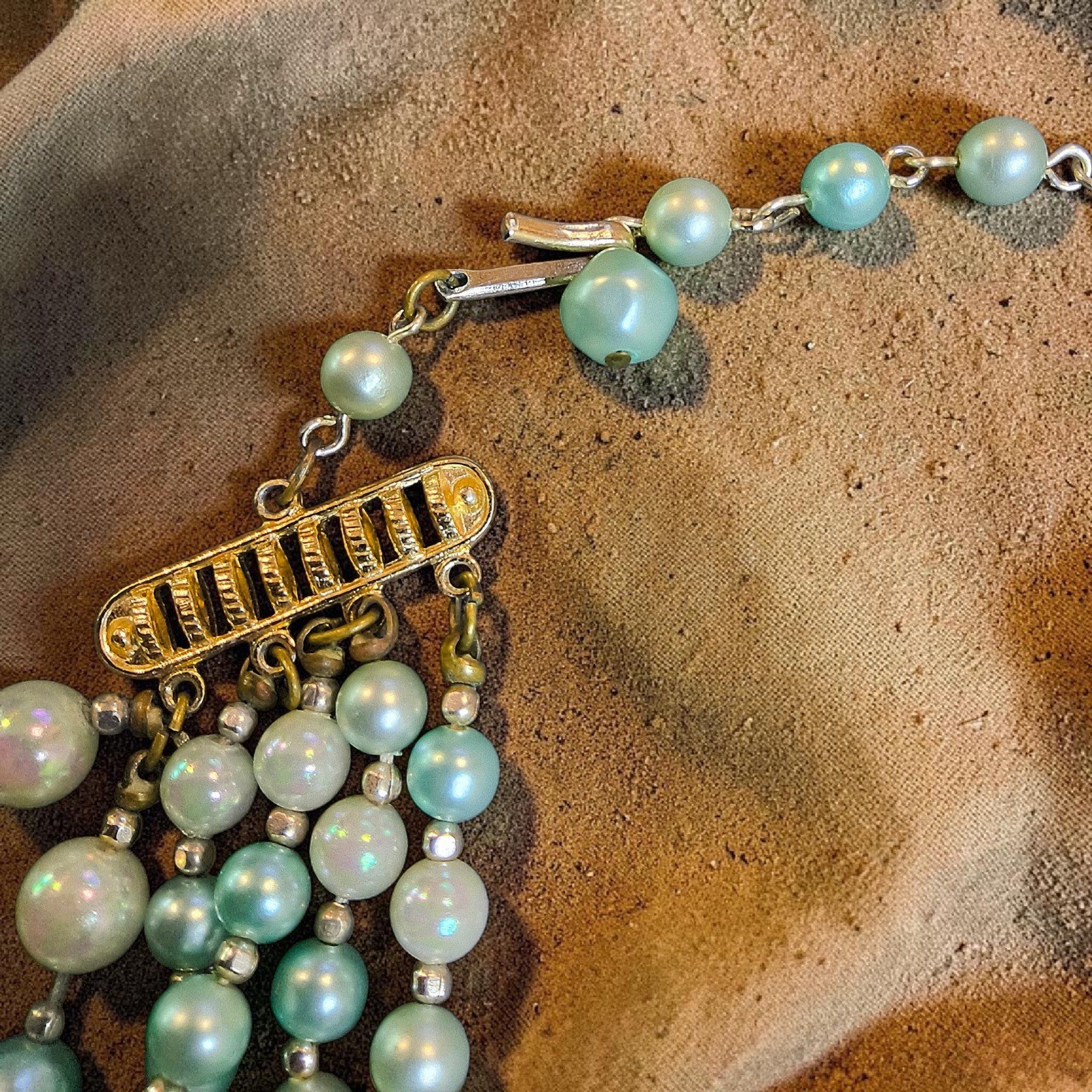 Vintage Japan 6 Strand Aqua Seafoam Glass & Acrylic Bead Necklace Statement Bib