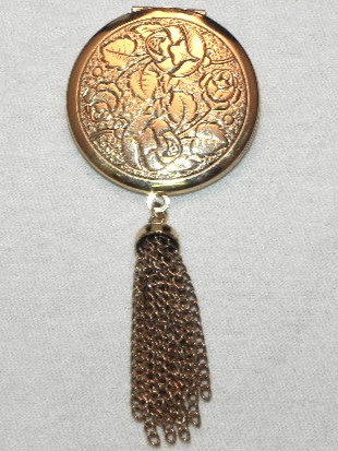 Vintage Gold Tone Rose Flower Photo Locket Pin Multi Strand Chain Tassel Brooch