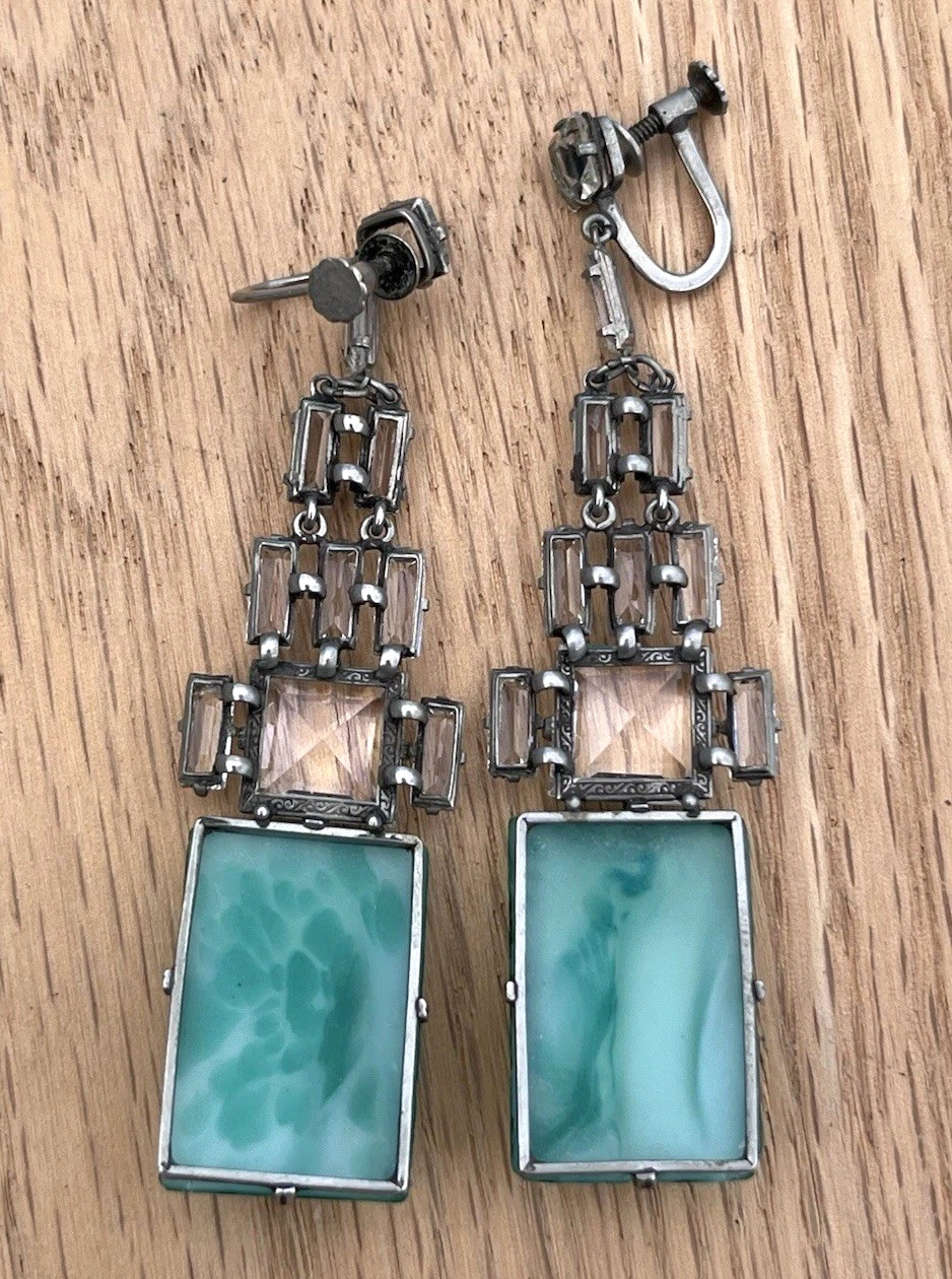 Antique Art Deco Carved Green Peking Glass Faux Jade Screw-Back Earrings