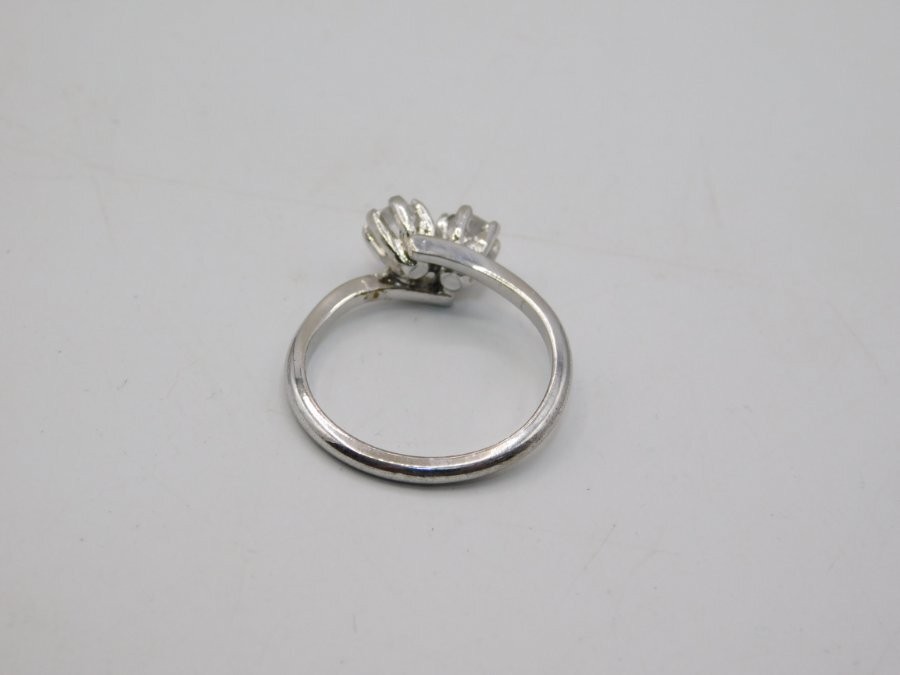 J891-VINTAGE RING~SIZE 6.75~DOUBLE STONE/SILVER TONE~UNKNOWN MARK